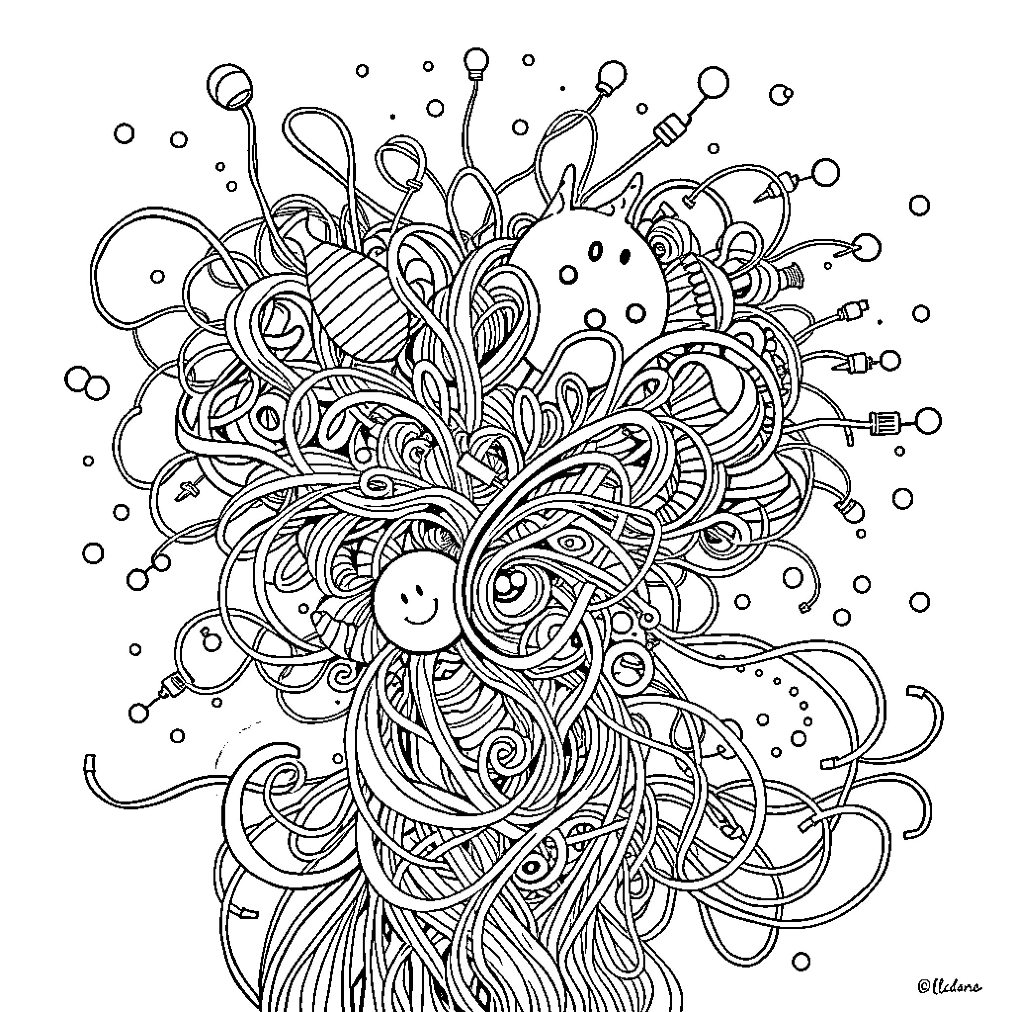 Brainrot: Whimsical Doodle Chaos Coloring Page (free black-and-white line drawing printable PDF for all, from beginners to advanced learners, including children, teens, adults, and seniors)