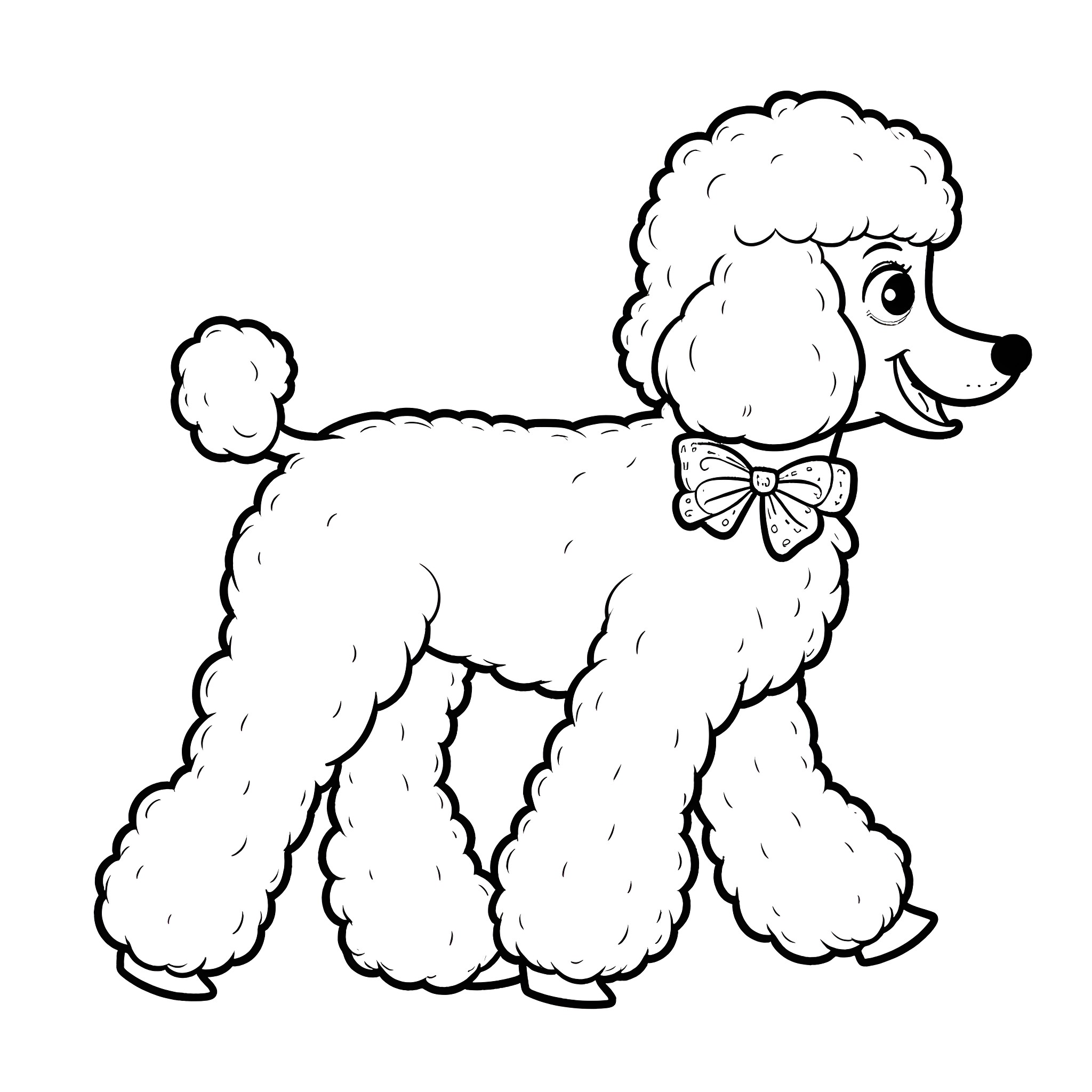 Poodle with bow tie in black and white Coloring Page (free black-and-white line drawing printable PDF for all, from beginners to advanced learners, including children, teens, adults, and seniors)
