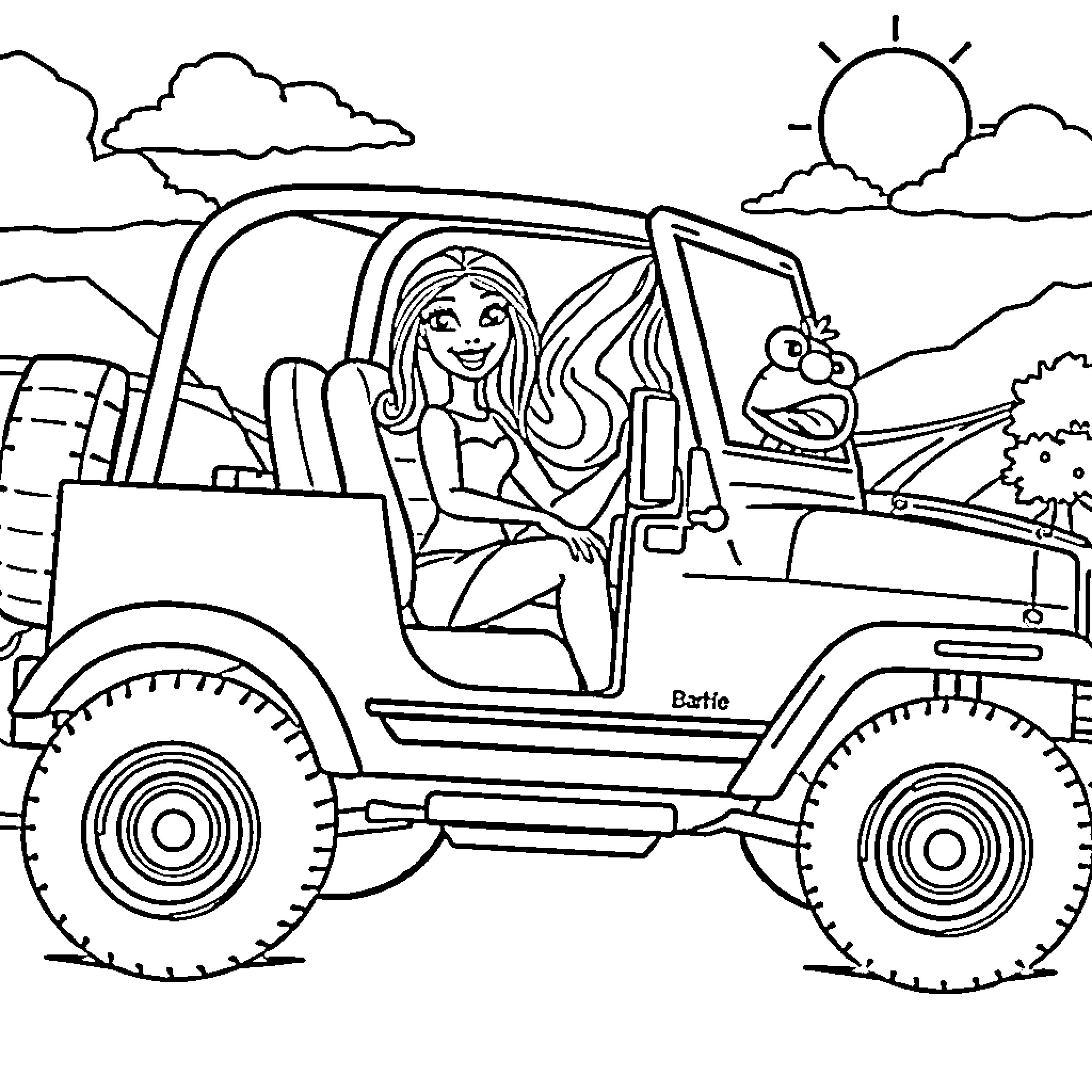 Barbie driving an off-road vehicle in the countryside Coloring Page (free black-and-white line drawing printable PDF for all, from beginners to advanced learners, including children, teens, adults, and seniors)