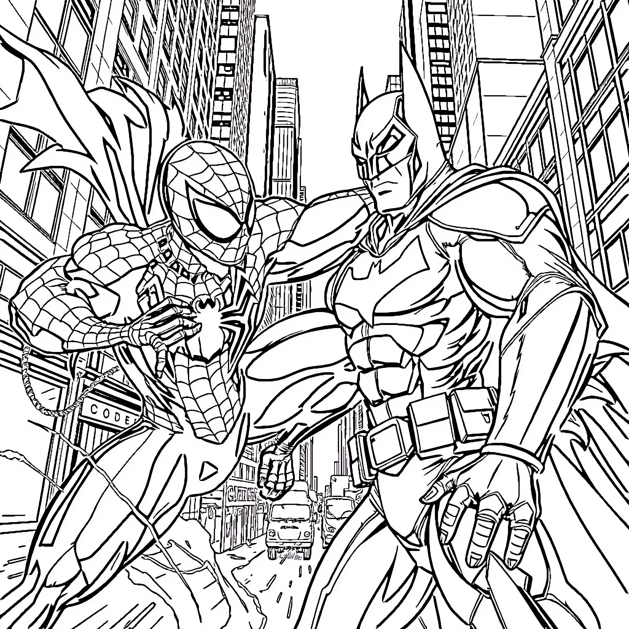 Spider-Man teams up with Batman in the city Coloring Page (free black-and-white line drawing printable PDF for all, from beginners to advanced learners, including children, teens, adults, and seniors)