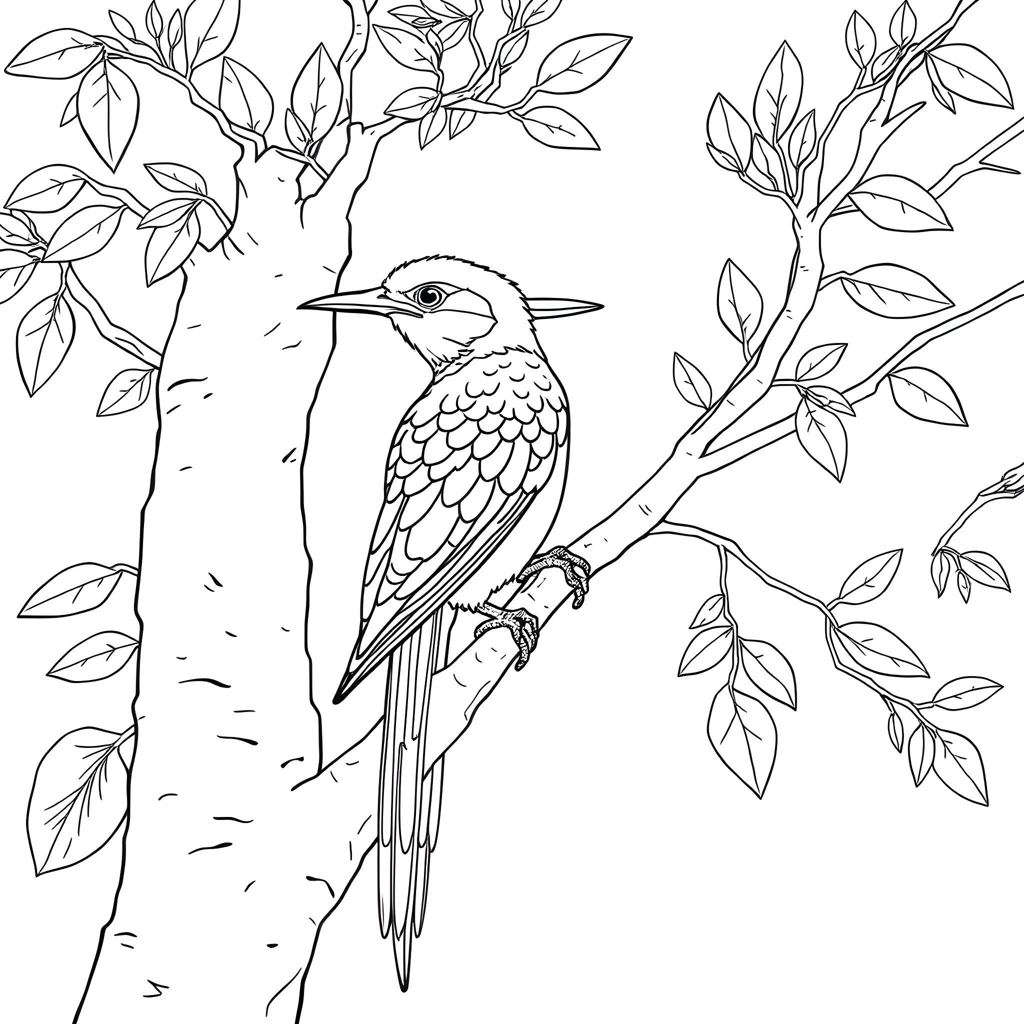 Amandava bird perched on tree branch Coloring Page (free black-and-white line drawing printable PDF for all, from beginners to advanced learners, including children, teens, adults, and seniors)