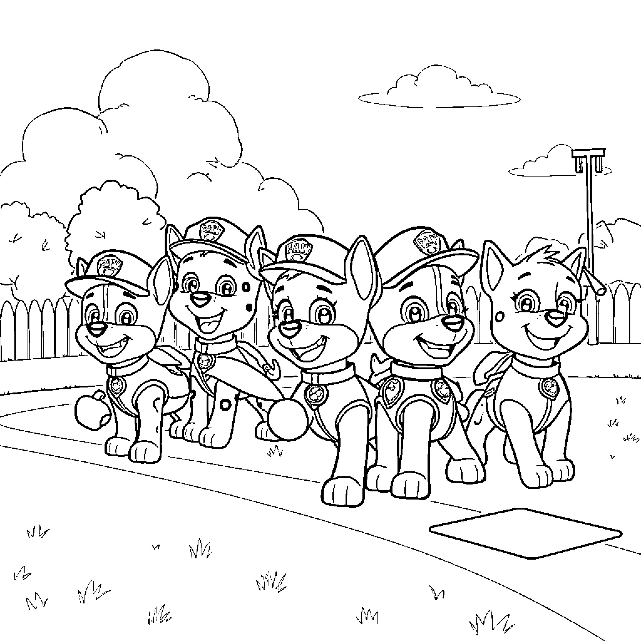 Paw Patrol pups on patrol in the park Coloring Page (free black-and-white line drawing printable PDF for all, from beginners to advanced learners, including children, teens, adults, and seniors)