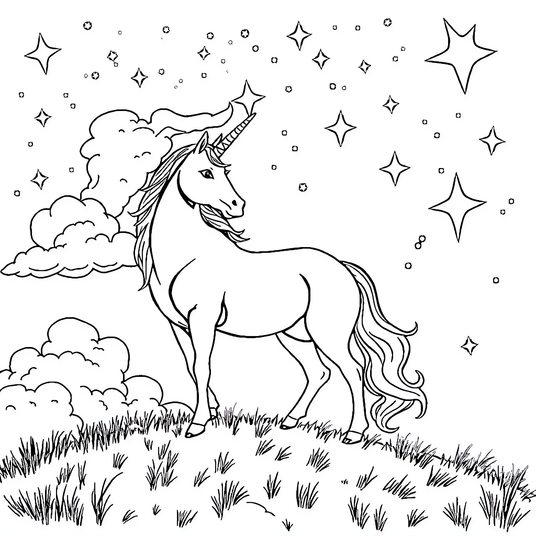 Unicorn prancing through starry night meadow Coloring Page (free black-and-white line drawing printable PDF for all, from beginners to advanced learners, including children, teens, adults, and seniors)