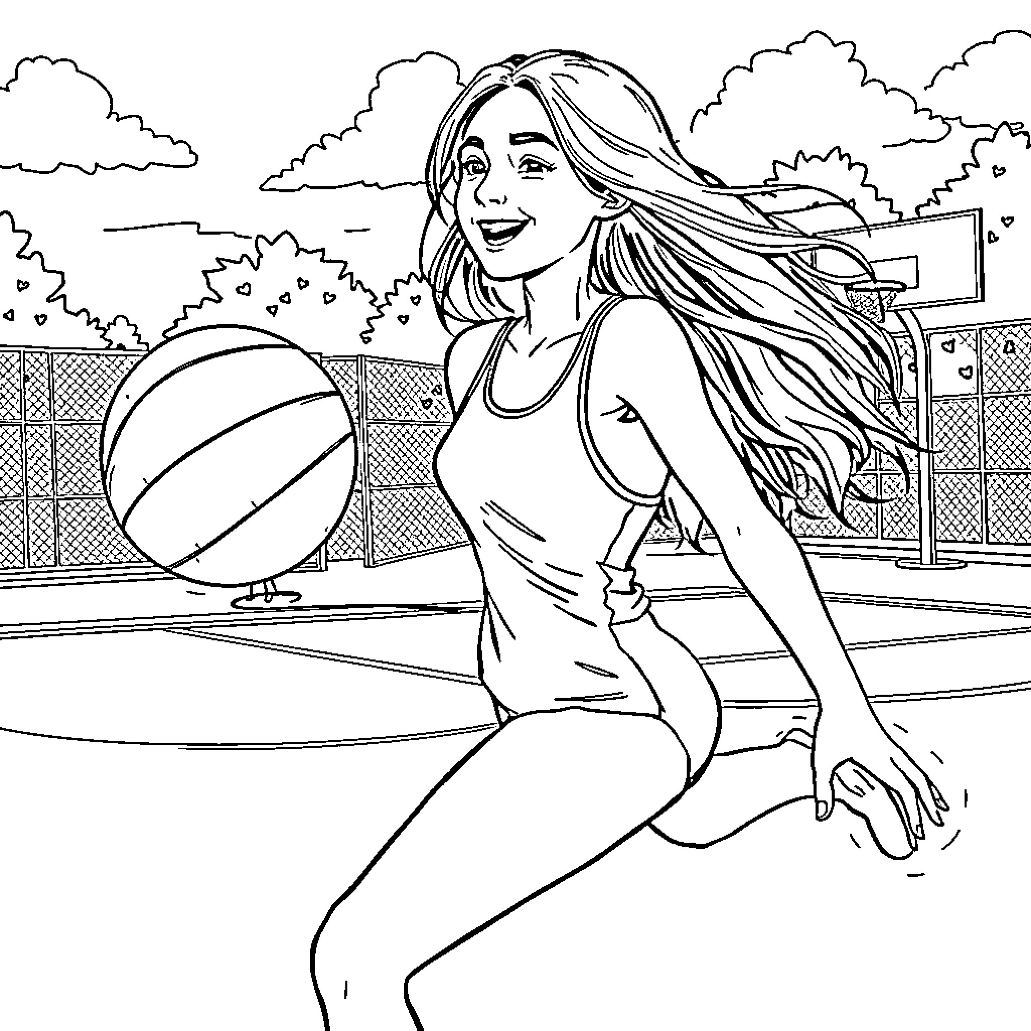 Swimmer enjoying a game of beach volleyball Coloring Page (free black-and-white line drawing printable PDF for all, from beginners to advanced learners, including children, teens, adults, and seniors)