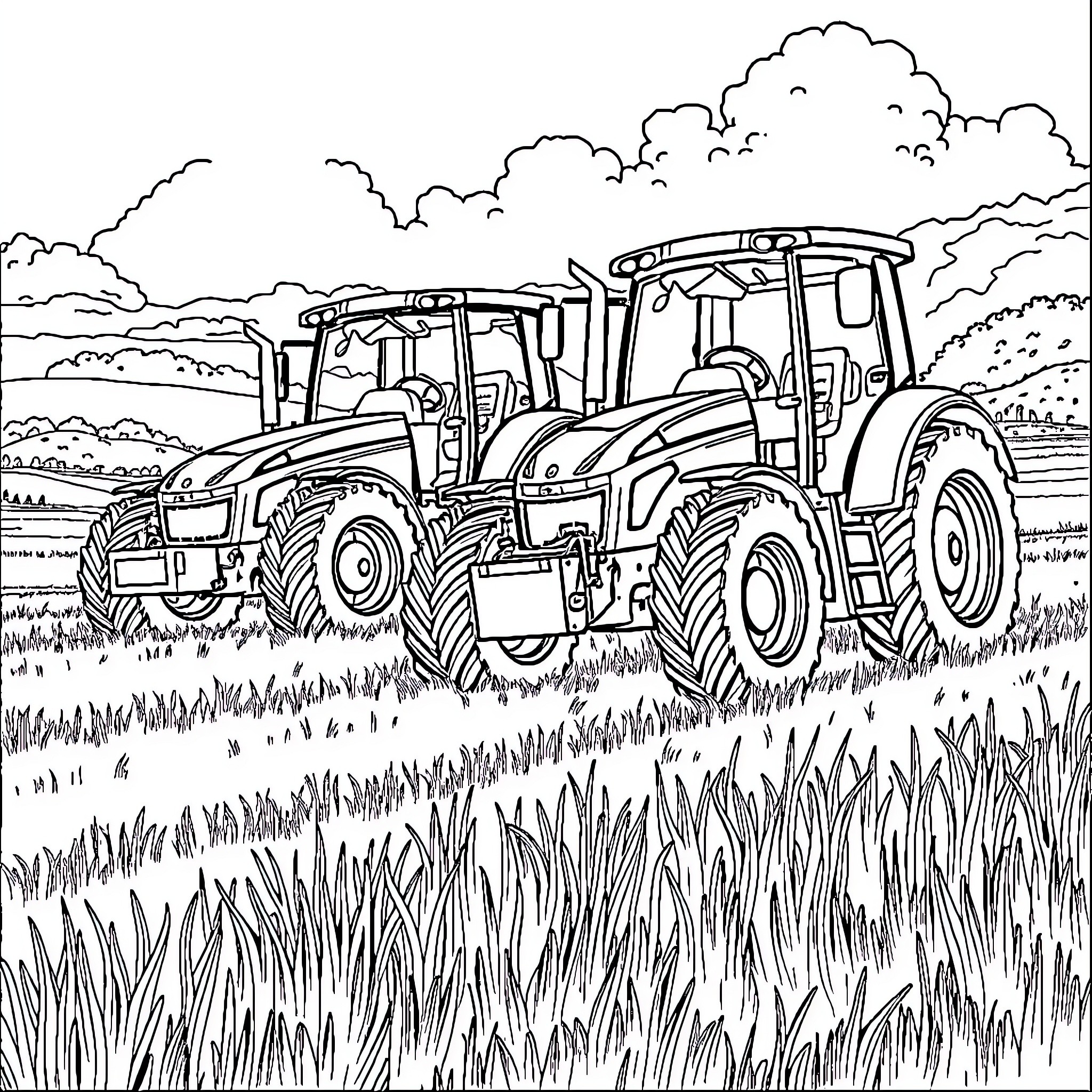 Tracteur harvesting in the countryside Coloring Page (free black-and-white line drawing printable PDF for all, from beginners to advanced learners, including children, teens, adults, and seniors)