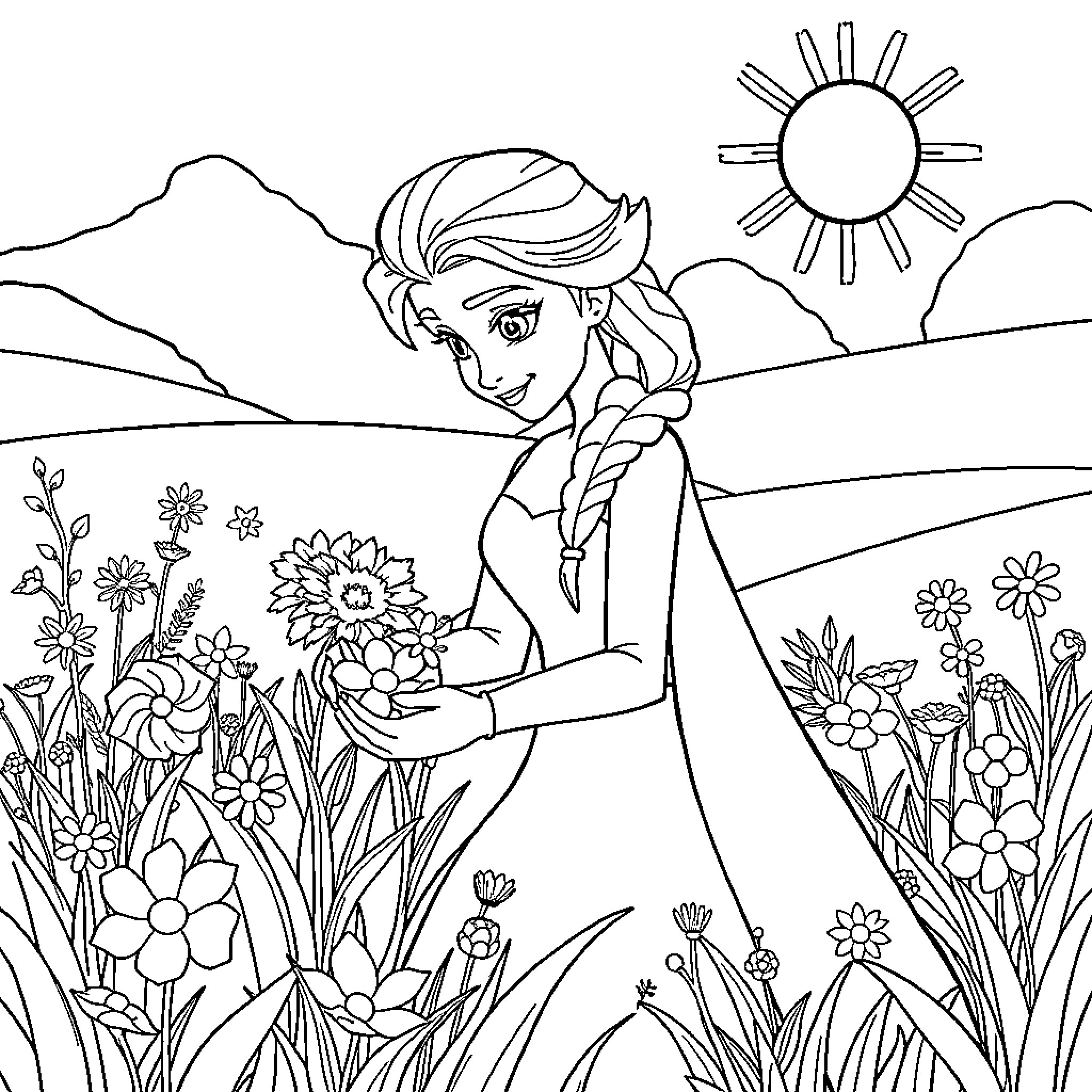Elsa enjoying the beautiful nature landscape Coloring Page (free black-and-white line drawing printable PDF for all, from beginners to advanced learners, including children, teens, adults, and seniors)