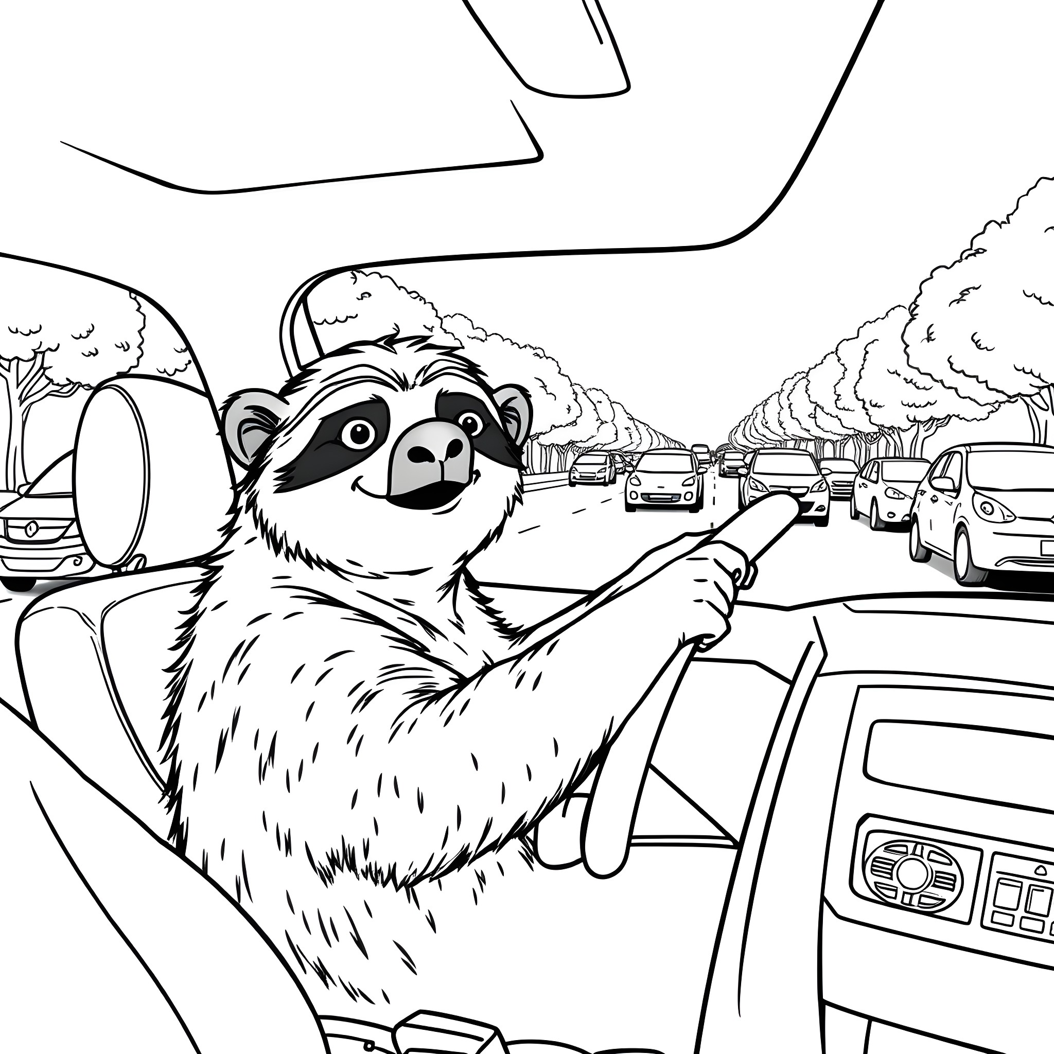 Sloth driving a car on the highway Coloring Page (free black-and-white line drawing printable PDF for all, from beginners to advanced learners, including children, teens, adults, and seniors)