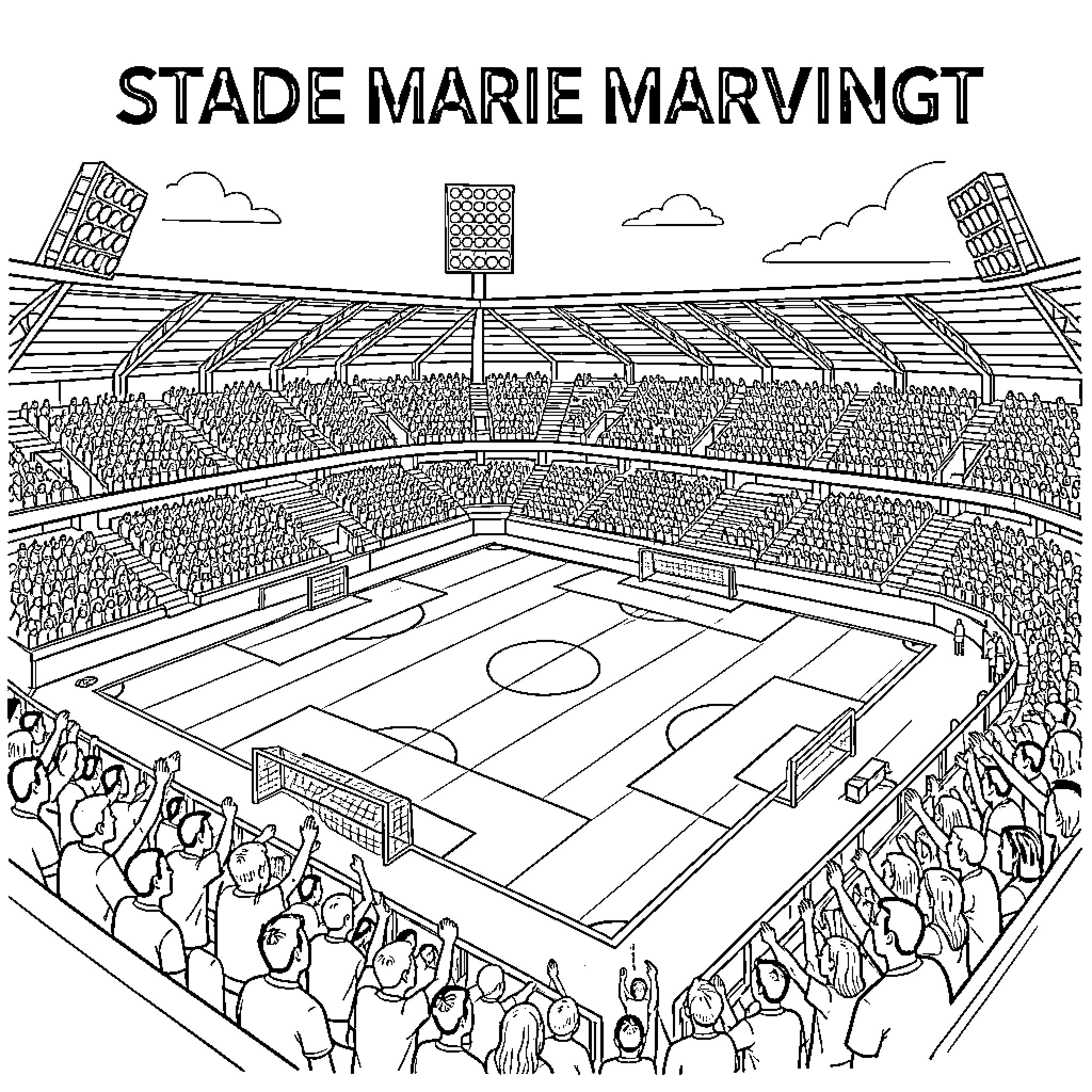 Stade Marie Marvingt crowd cheering at a sports arena Coloring Page (free black-and-white line drawing printable PDF for all, from beginners to advanced learners, including children, teens, adults, and seniors)