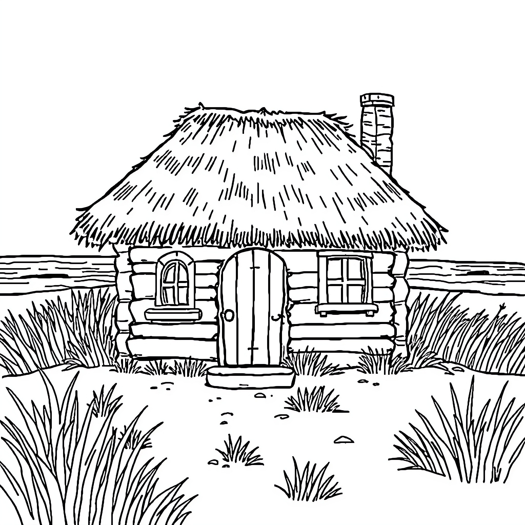 Cottage with thatched roof in the countryside Coloring Page (free black-and-white line drawing printable PDF for all, from beginners to advanced learners, including children, teens, adults, and seniors)
