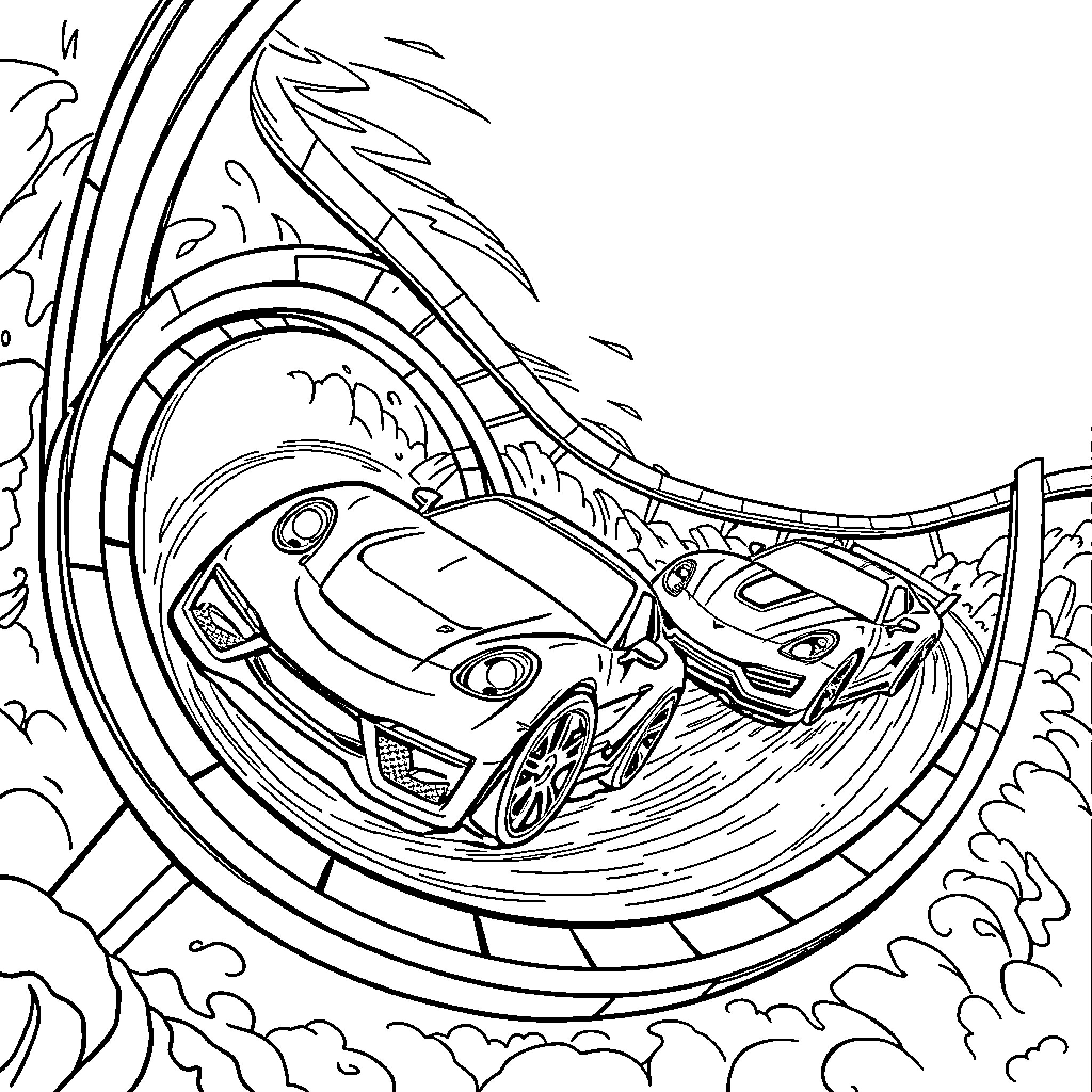 Car racing through a fantasy landscape Coloring Page (free black-and-white line drawing printable PDF for all, from beginners to advanced learners, including children, teens, adults, and seniors)
