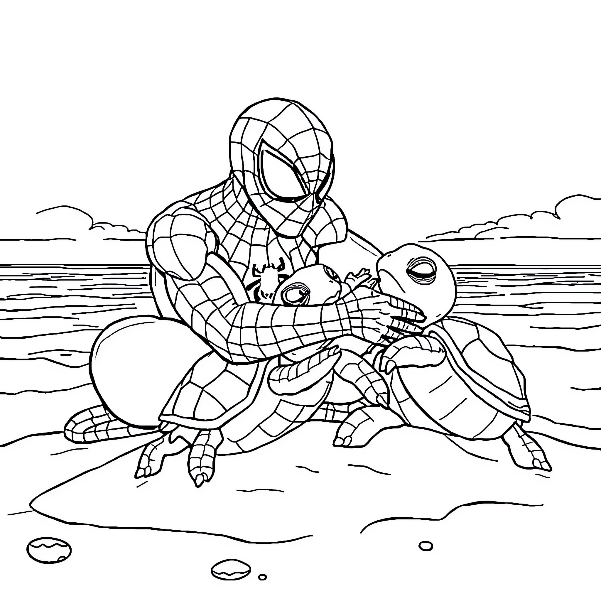 Spiderman rescuing a turtle on the beach Coloring Page (free black-and-white line drawing printable PDF for all, from beginners to advanced learners, including children, teens, adults, and seniors)