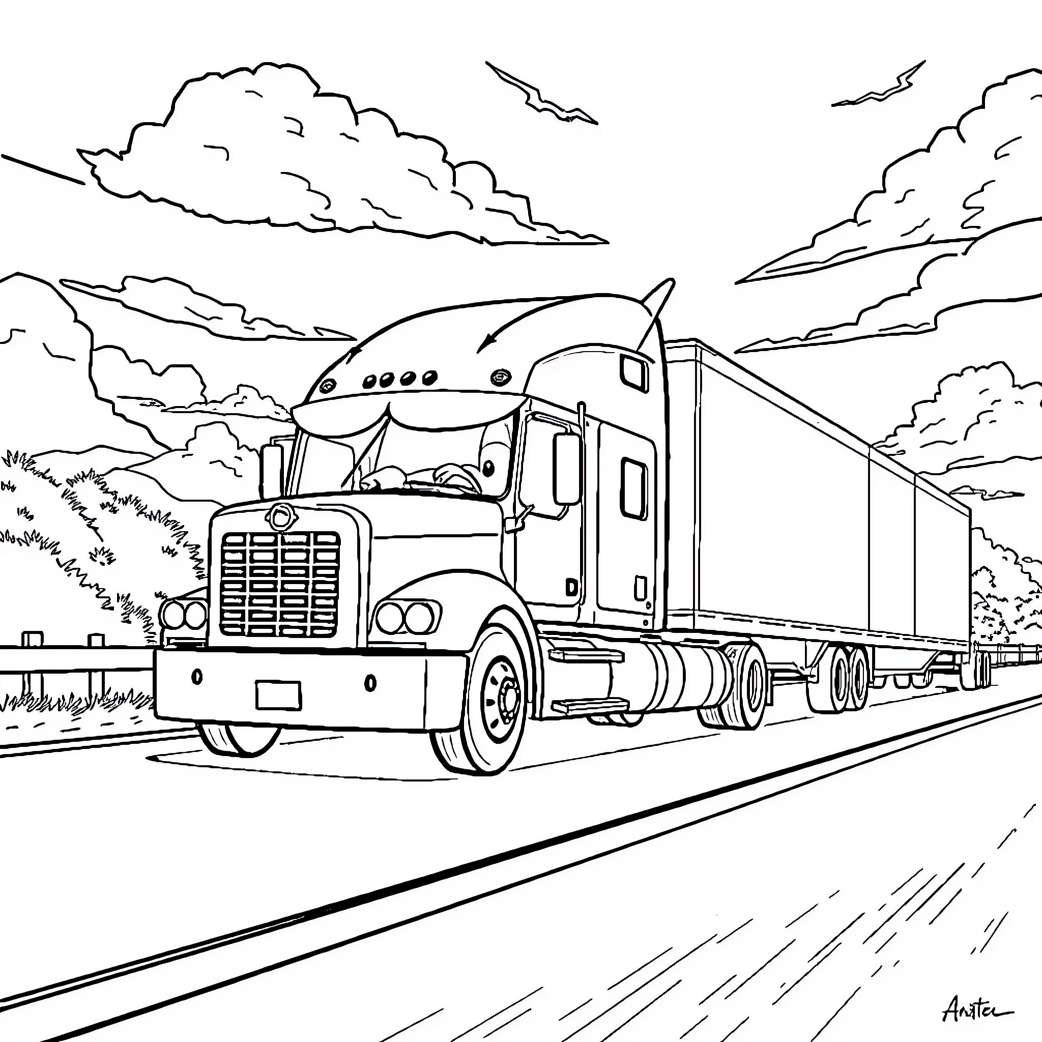 Pokémon Truck Traveling on the Open Road Coloring Page (free black-and-white line drawing printable PDF for all, from beginners to advanced learners, including children, teens, adults, and seniors)