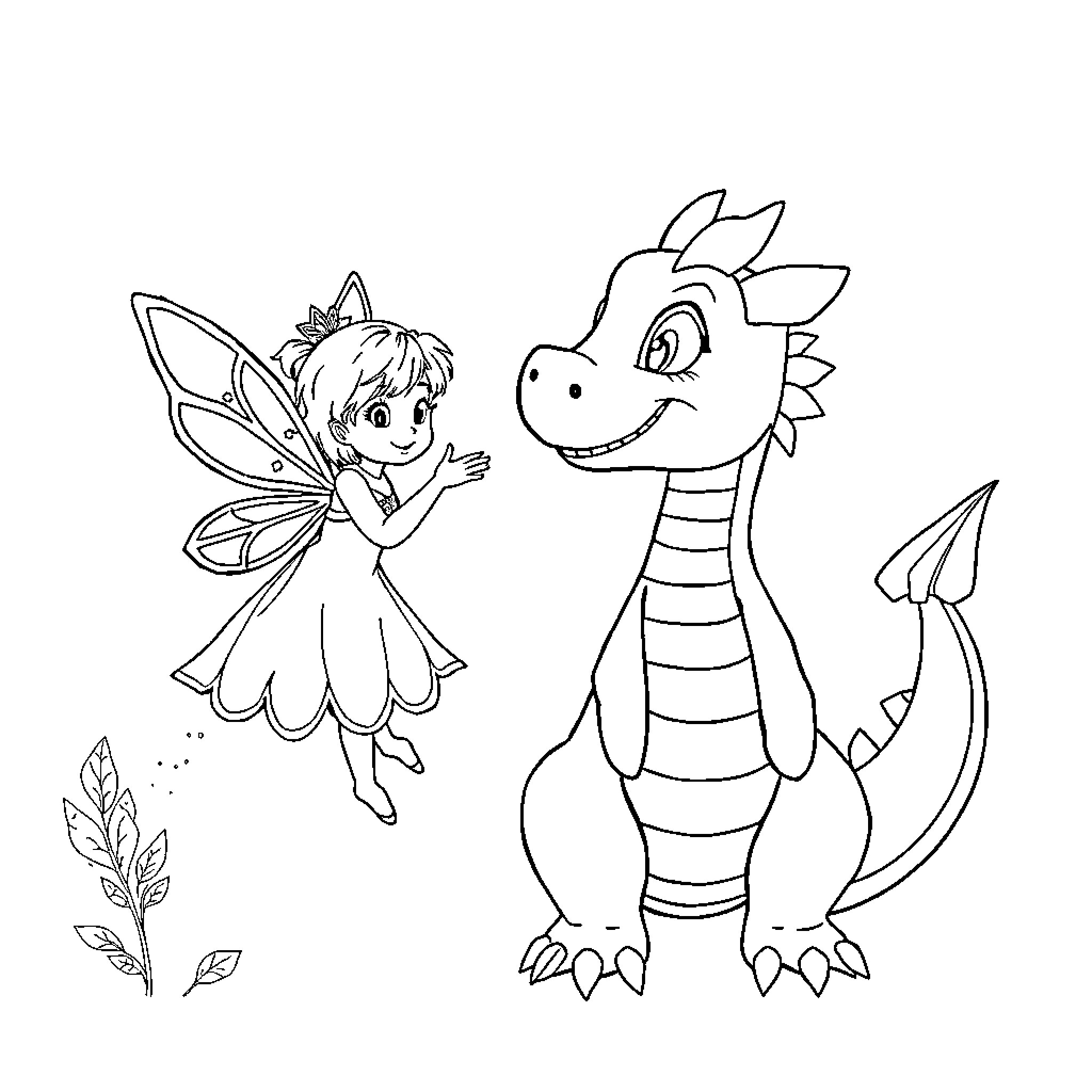 Fairy and Dragon Playing Happily Together Coloring Page (free black-and-white line drawing printable PDF for all, from beginners to advanced learners, including children, teens, adults, and seniors)