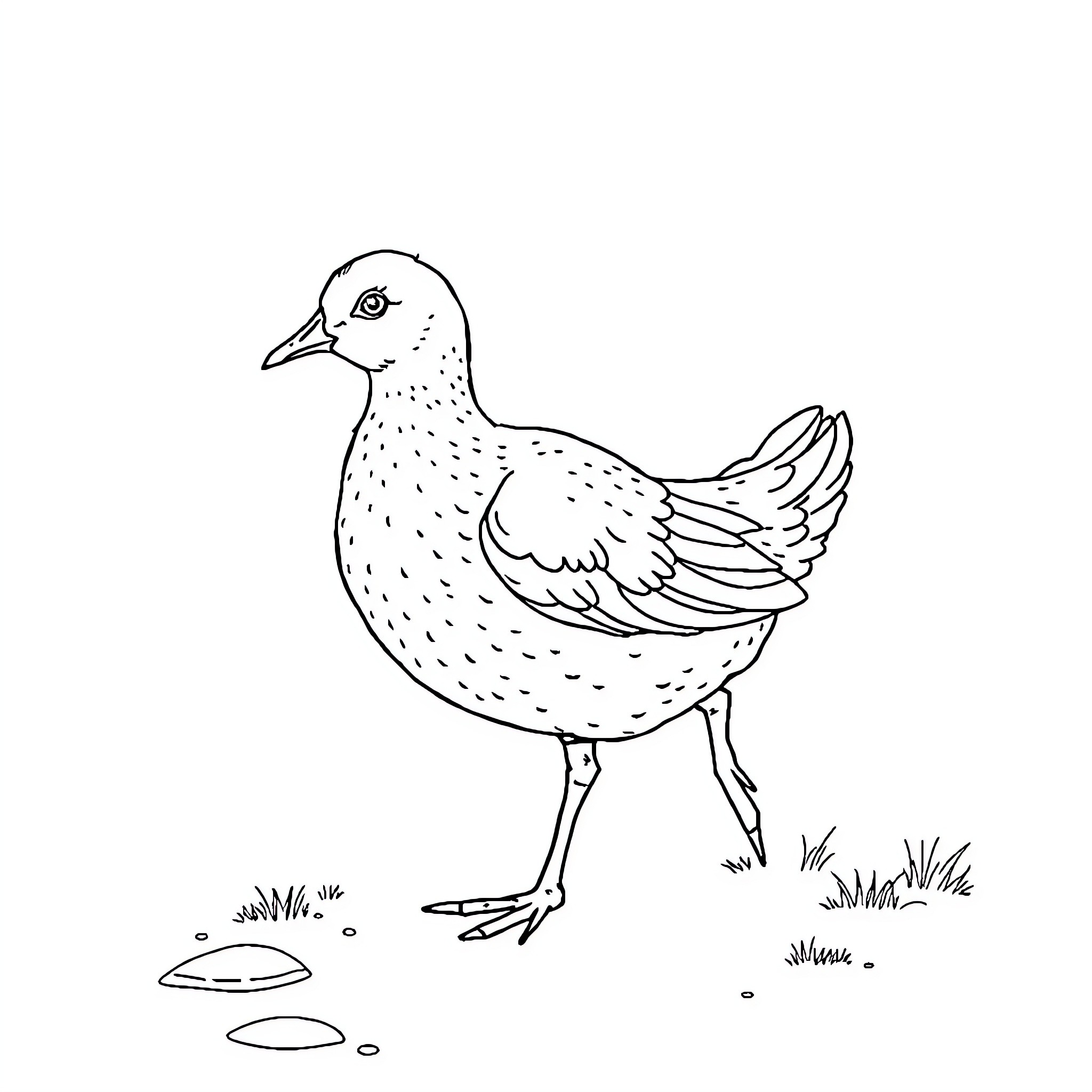 Hen standing with feathered wings Coloring Page (free black-and-white line drawing printable PDF for all, from beginners to advanced learners, including children, teens, adults, and seniors)