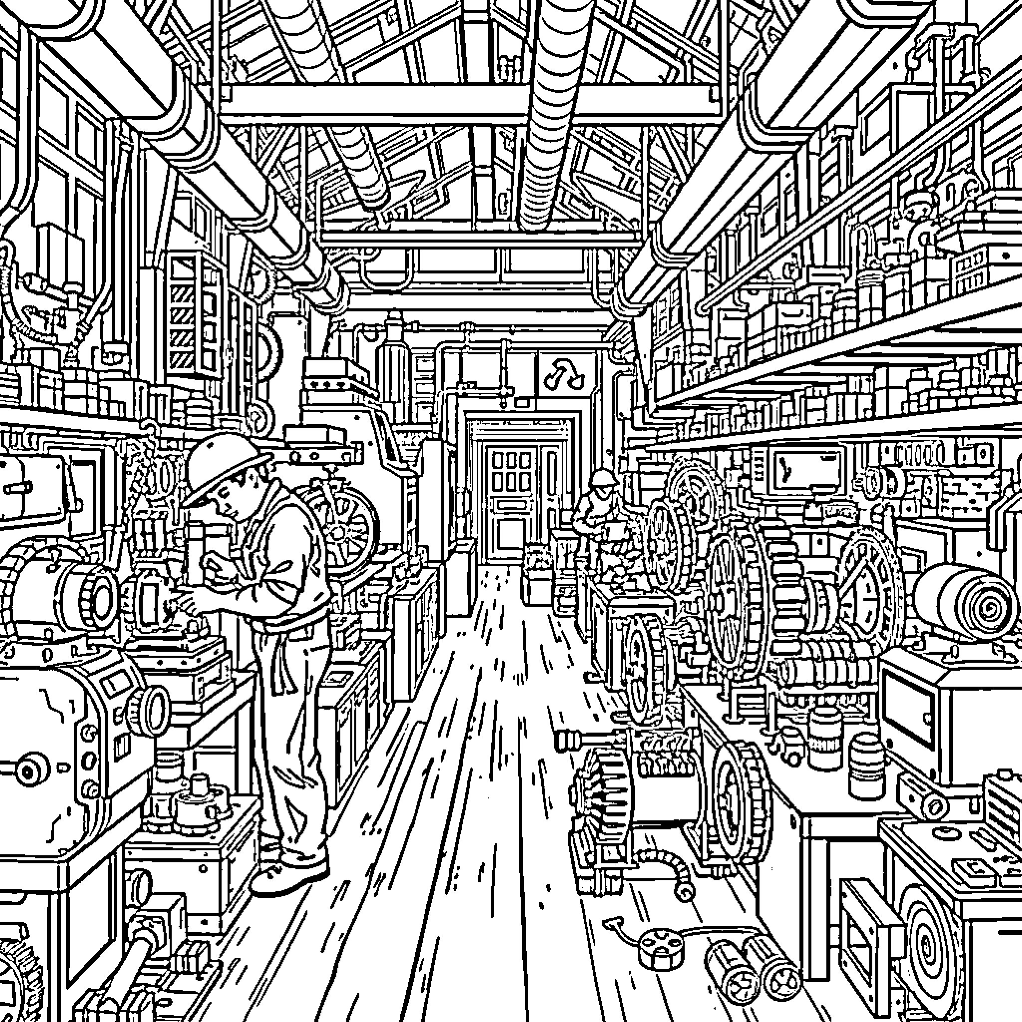 Millwright examining complex industrial machinery in workshop Coloring Page (free black-and-white line drawing printable PDF for all, from beginners to advanced learners, including children, teens, adults, and seniors)