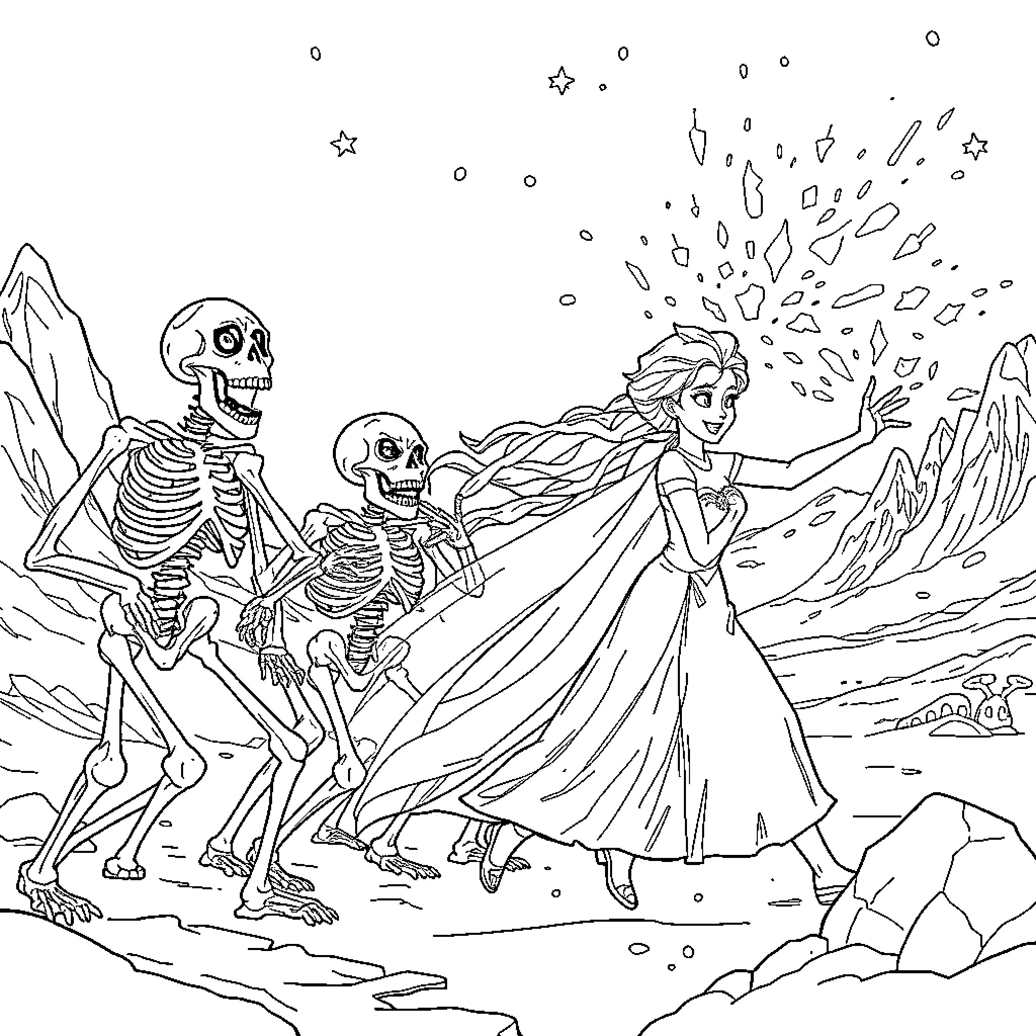 Frozen skeletons in snowy wonderland Coloring Page (free black-and-white line drawing printable PDF for all, from beginners to advanced learners, including children, teens, adults, and seniors)