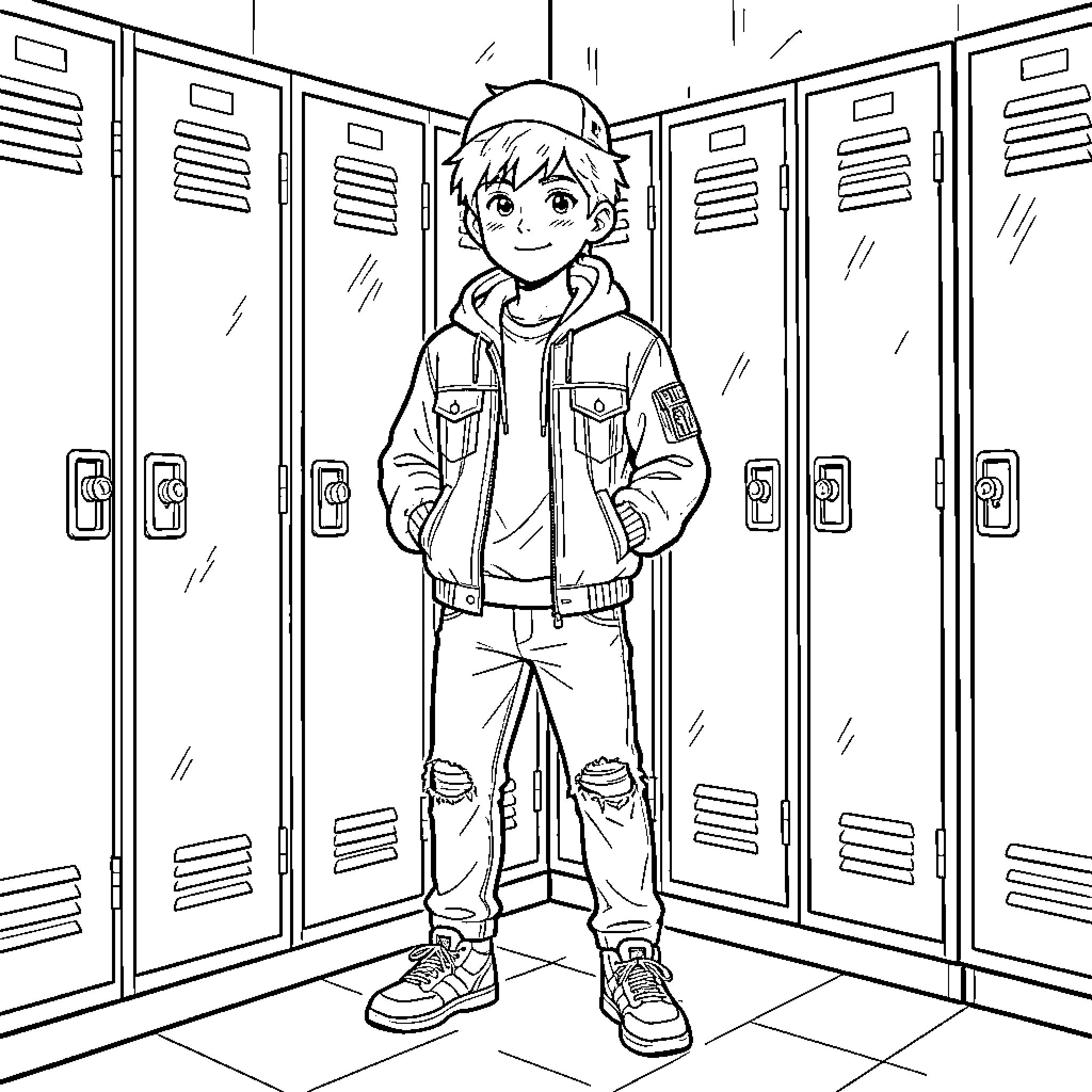 Kid standing confidently in a school hallway Coloring Page (free black-and-white line drawing printable PDF for all, from beginners to advanced learners, including children, teens, adults, and seniors)