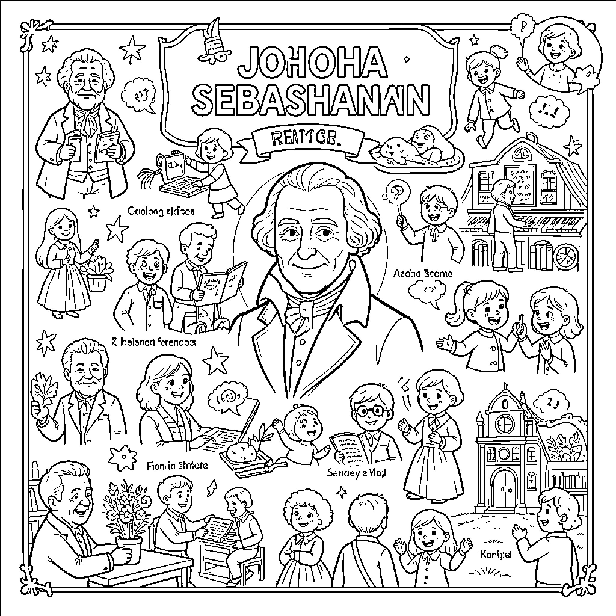 Johann Sebastian Bach's Diverse Musical and Personal Life Coloring Page (free black-and-white line drawing printable PDF for all, from beginners to advanced learners, including children, teens, adults, and seniors)