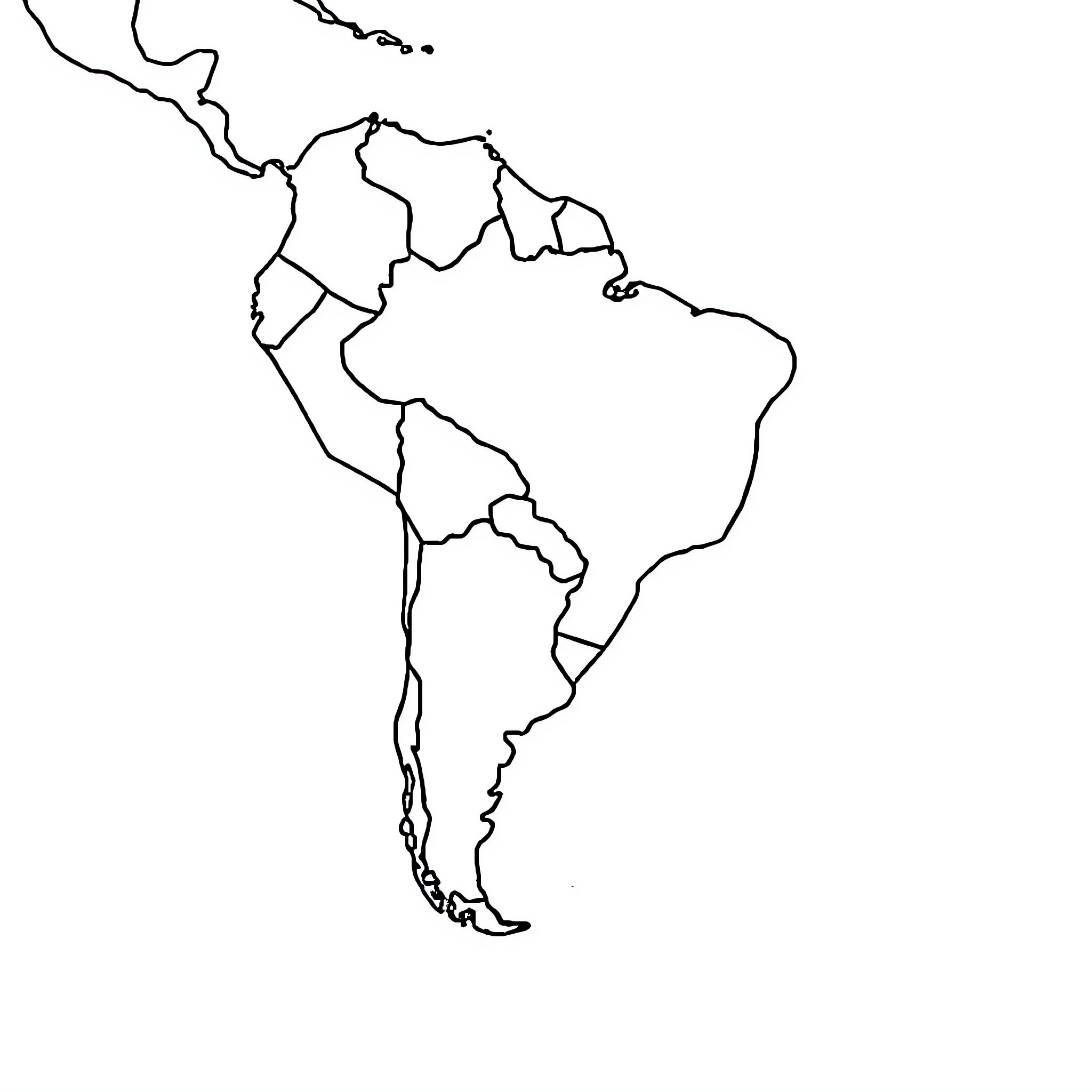 Country outline of South America Coloring Page (free black-and-white line drawing printable PDF for all, from beginners to advanced learners, including children, teens, adults, and seniors)