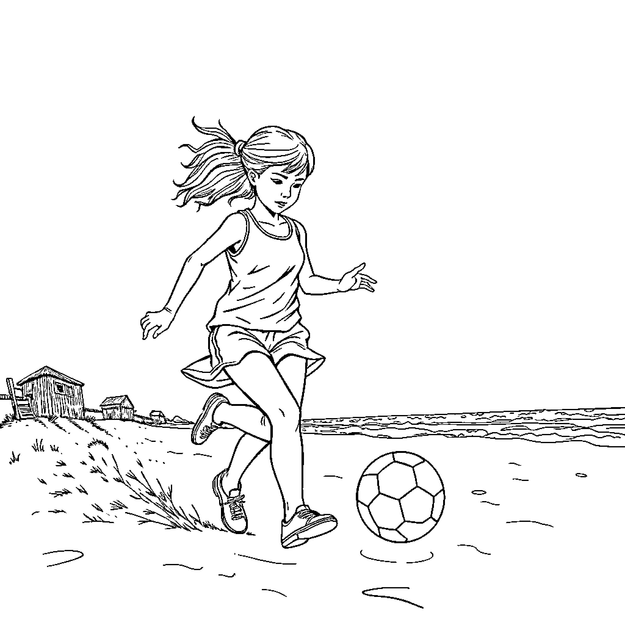 Girl kicking soccer ball at the beach Coloring Page (free black-and-white line drawing printable PDF for all, from beginners to advanced learners, including children, teens, adults, and seniors)