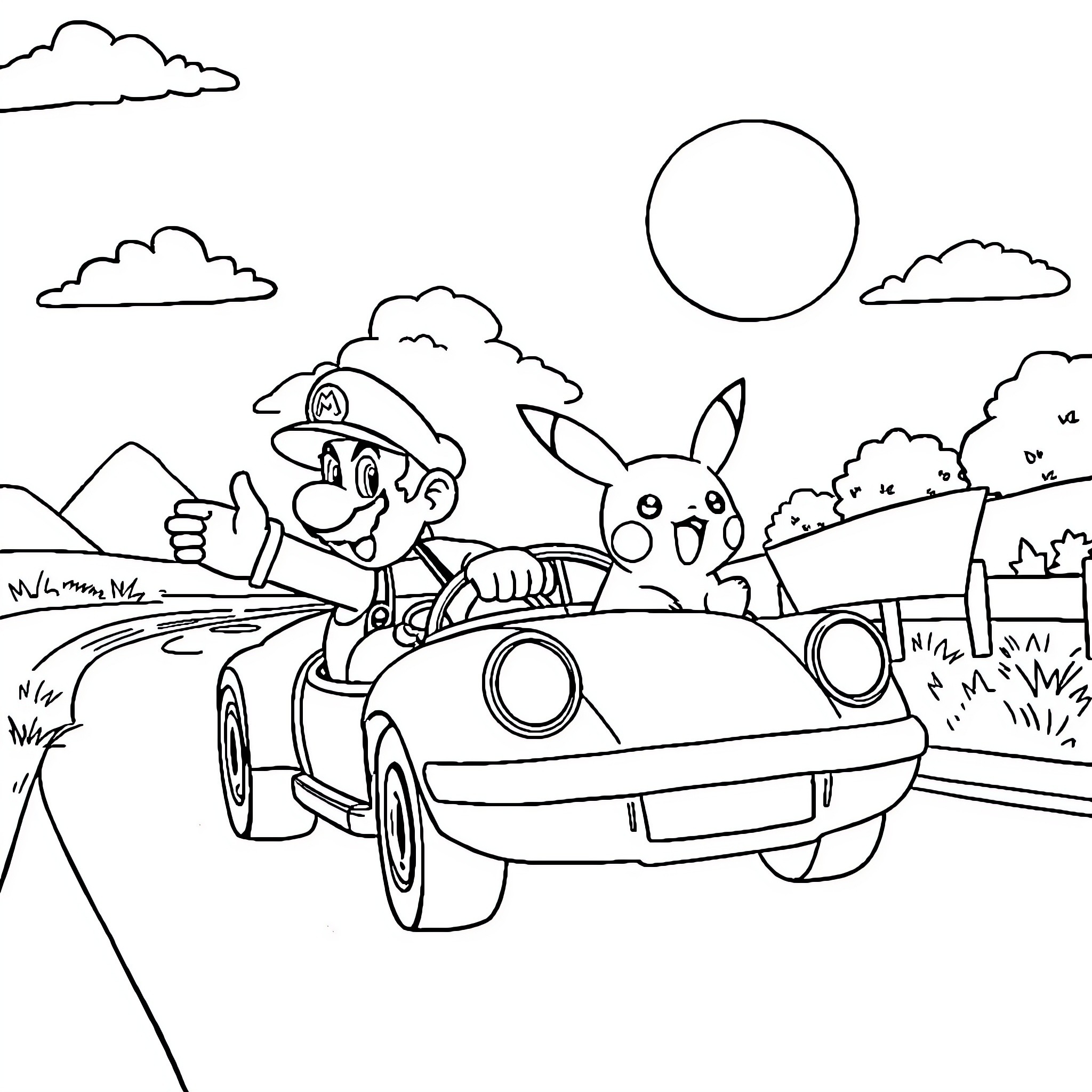 Super Mario and Pikachu go for a scenic drive Coloring Page (free black-and-white line drawing printable PDF for all, from beginners to advanced learners, including children, teens, adults, and seniors)