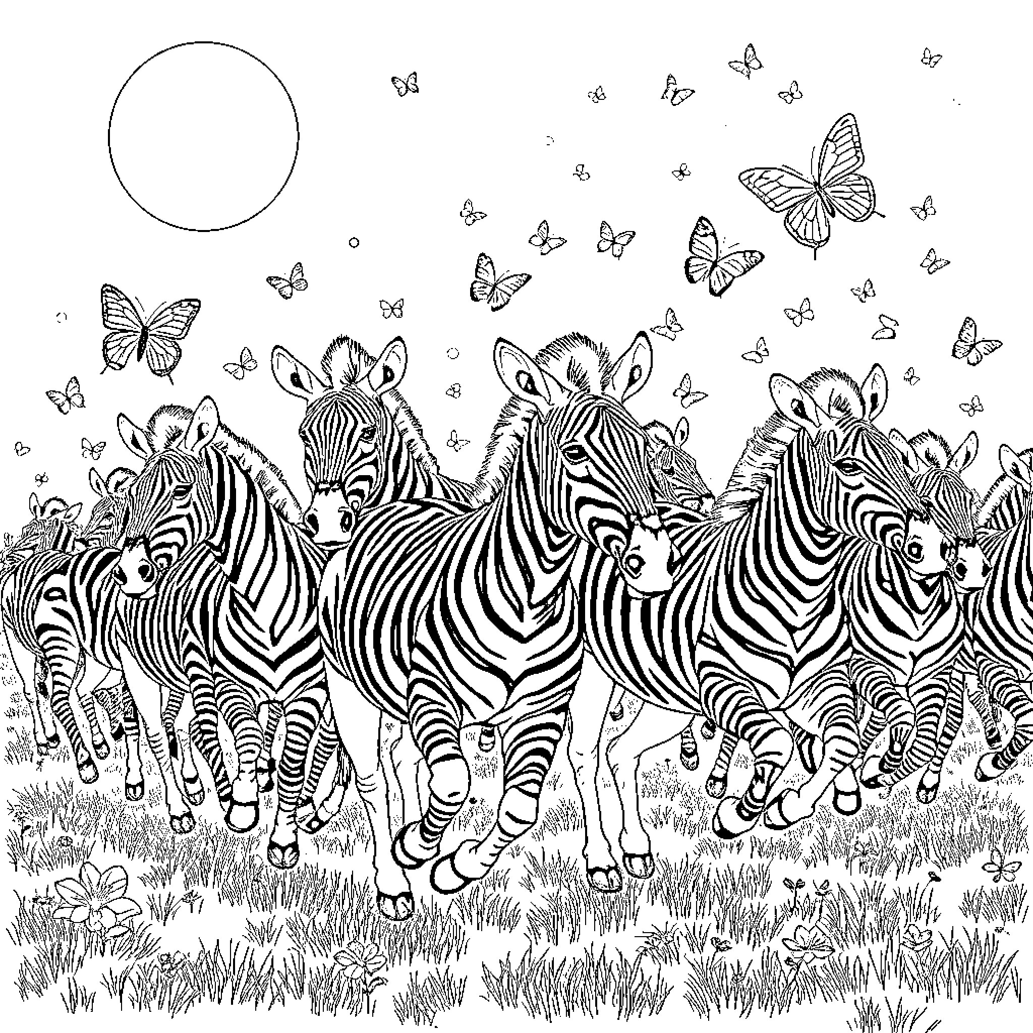 Zebras running through a field with butterflies Coloring Page (free black-and-white line drawing printable PDF for all, from beginners to advanced learners, including children, teens, adults, and seniors)