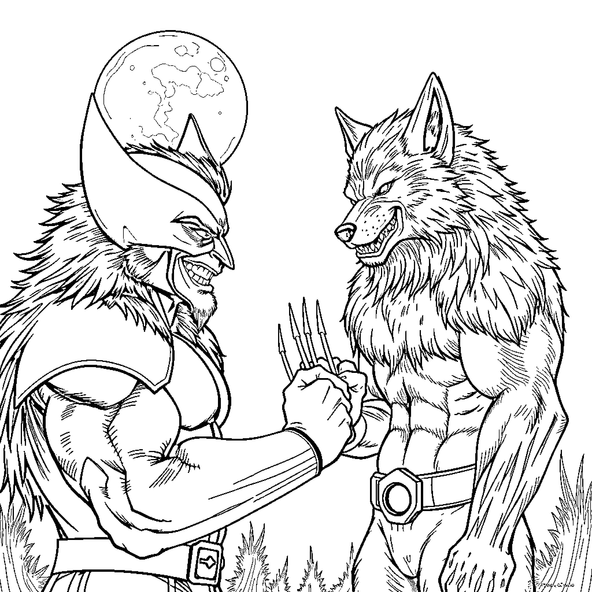Wolverine confronting a fierce wolf under the moonlight Coloring Page (free black-and-white line drawing printable PDF for all, from beginners to advanced learners, including children, teens, adults, and seniors)