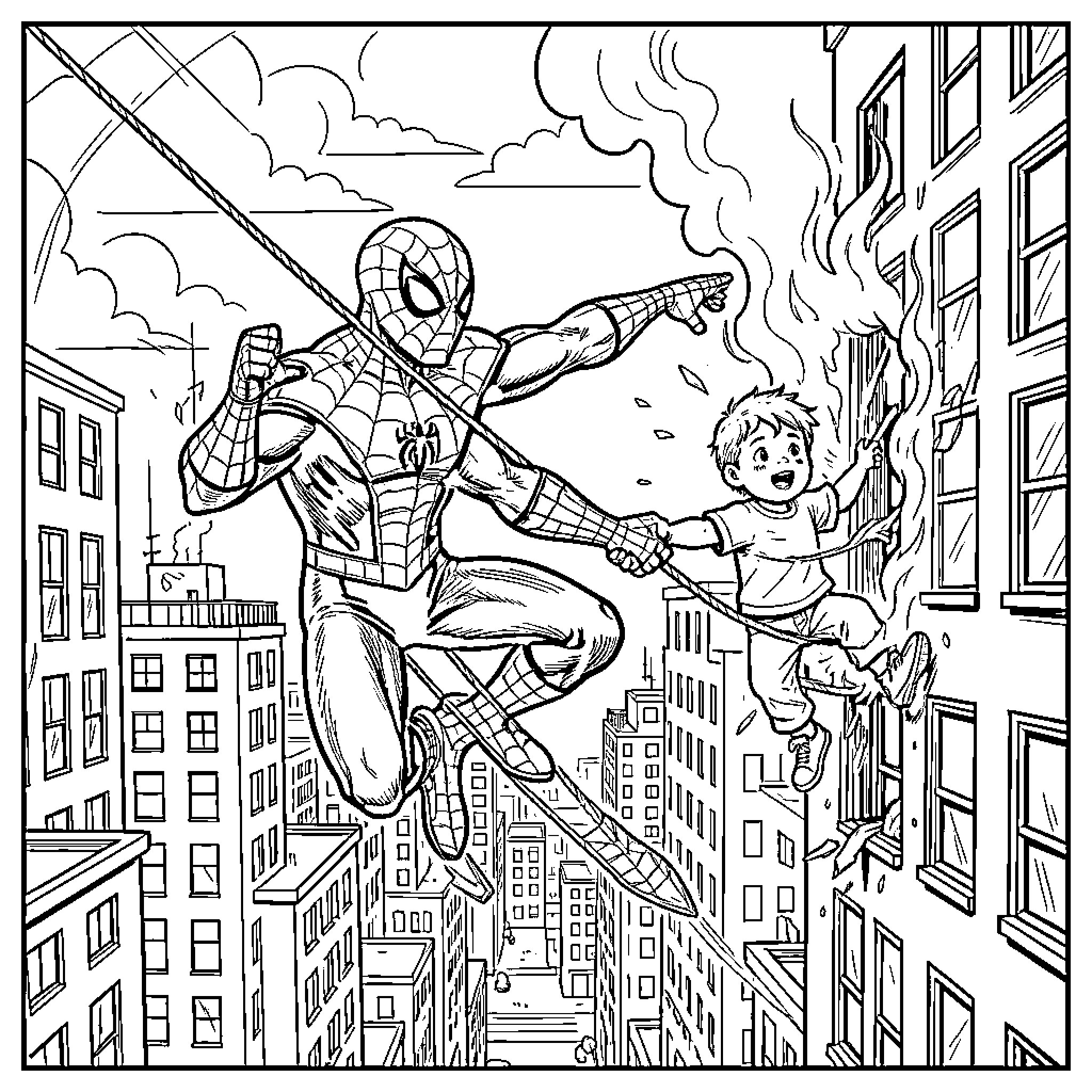 Spiderman saving a child from a burning building Coloring Page (free black-and-white line drawing printable PDF for all, from beginners to advanced learners, including children, teens, adults, and seniors)