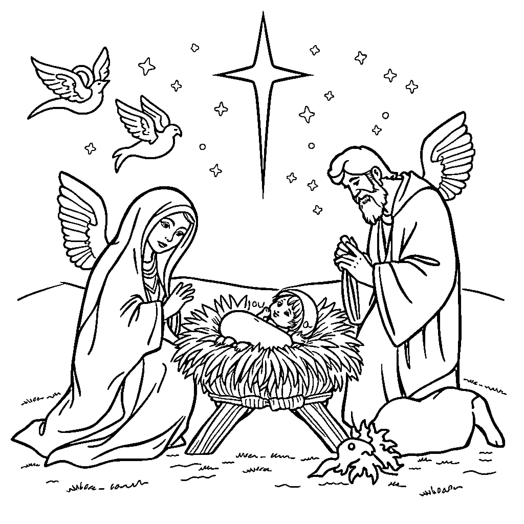 Nativity Scene with Holy Family and Angels Coloring Page (free black-and-white line drawing printable PDF for all, from beginners to advanced learners, including children, teens, adults, and seniors)