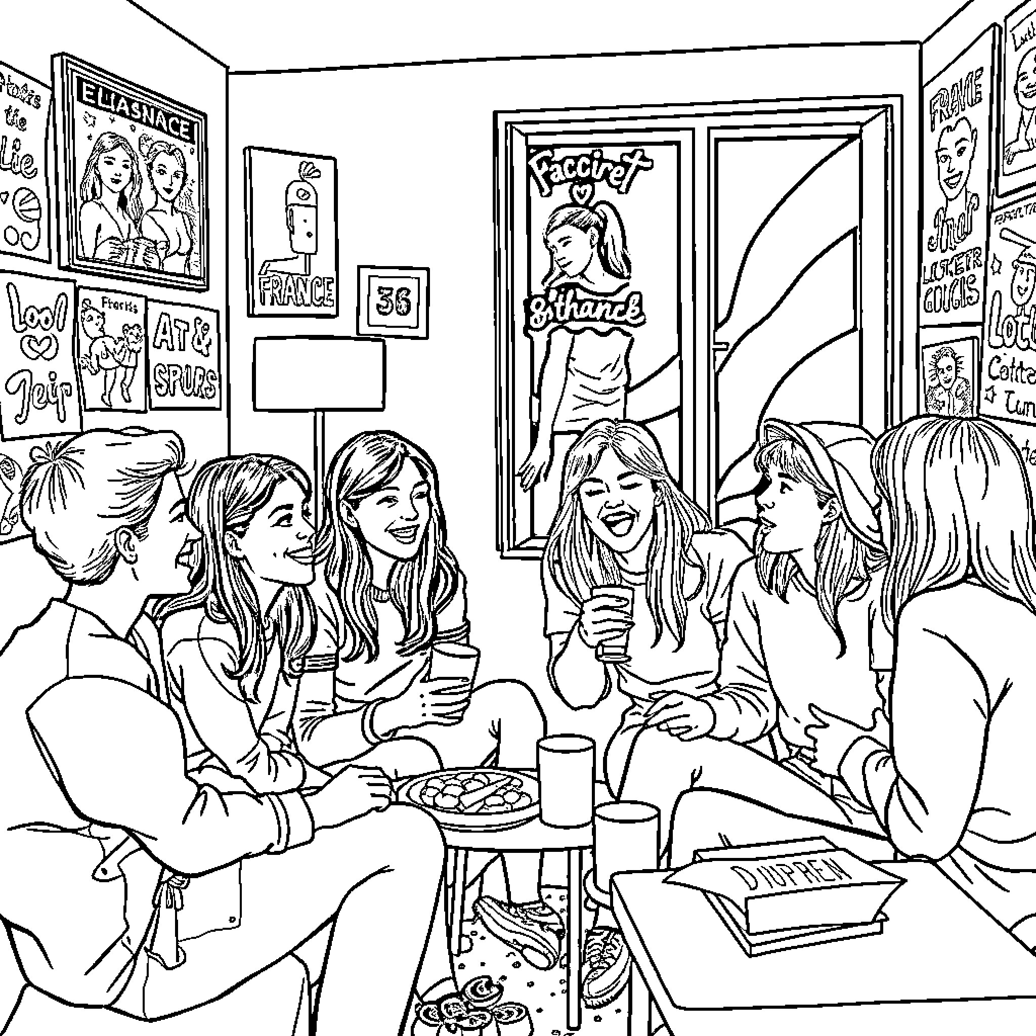 Teen friends chatting and laughing in cozy room Coloring Page (free black-and-white line drawing printable PDF for all, from beginners to advanced learners, including children, teens, adults, and seniors)
