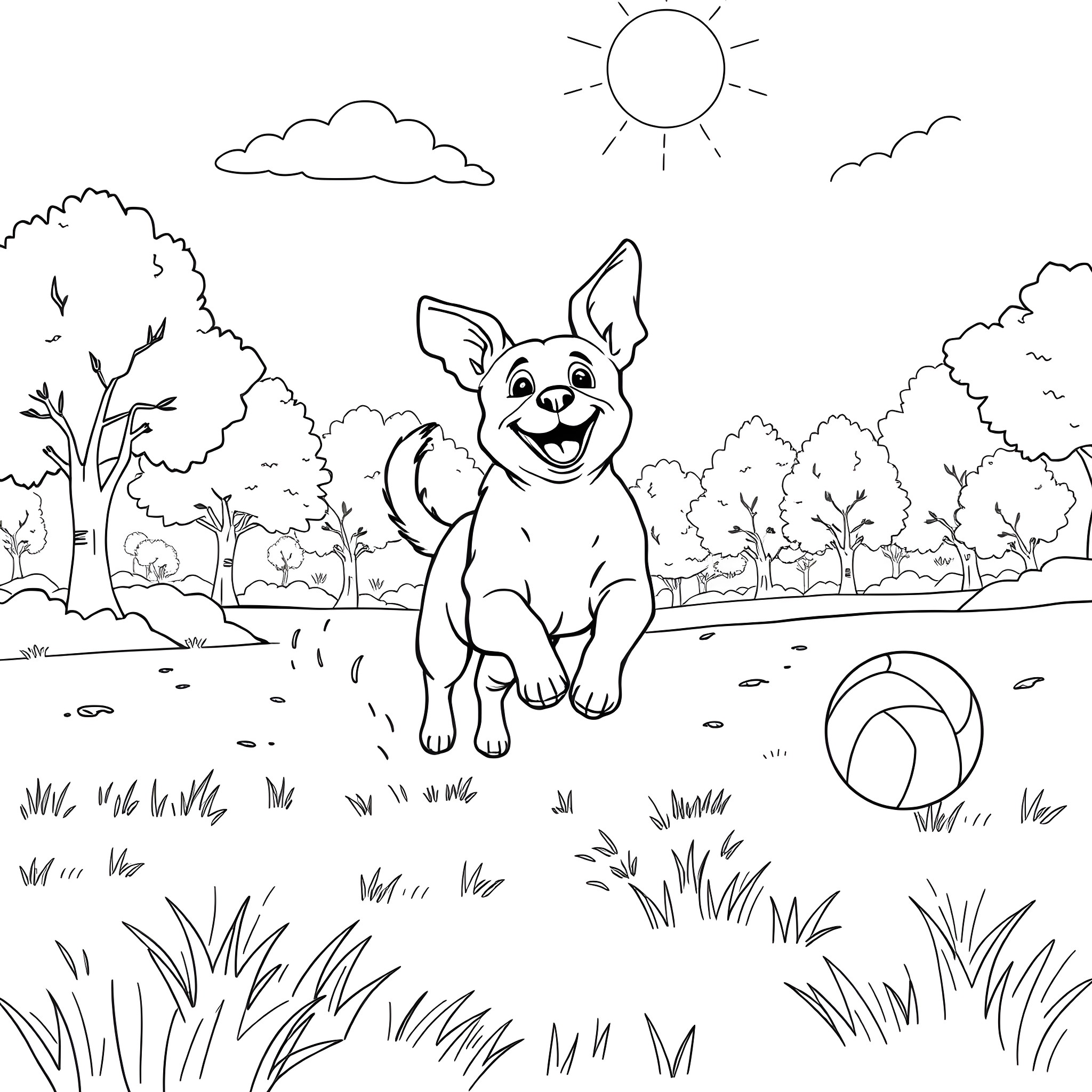 Dog playing joyfully in scenic outdoor setting Coloring Page (free black-and-white line drawing printable PDF for all, from beginners to advanced learners, including children, teens, adults, and seniors)