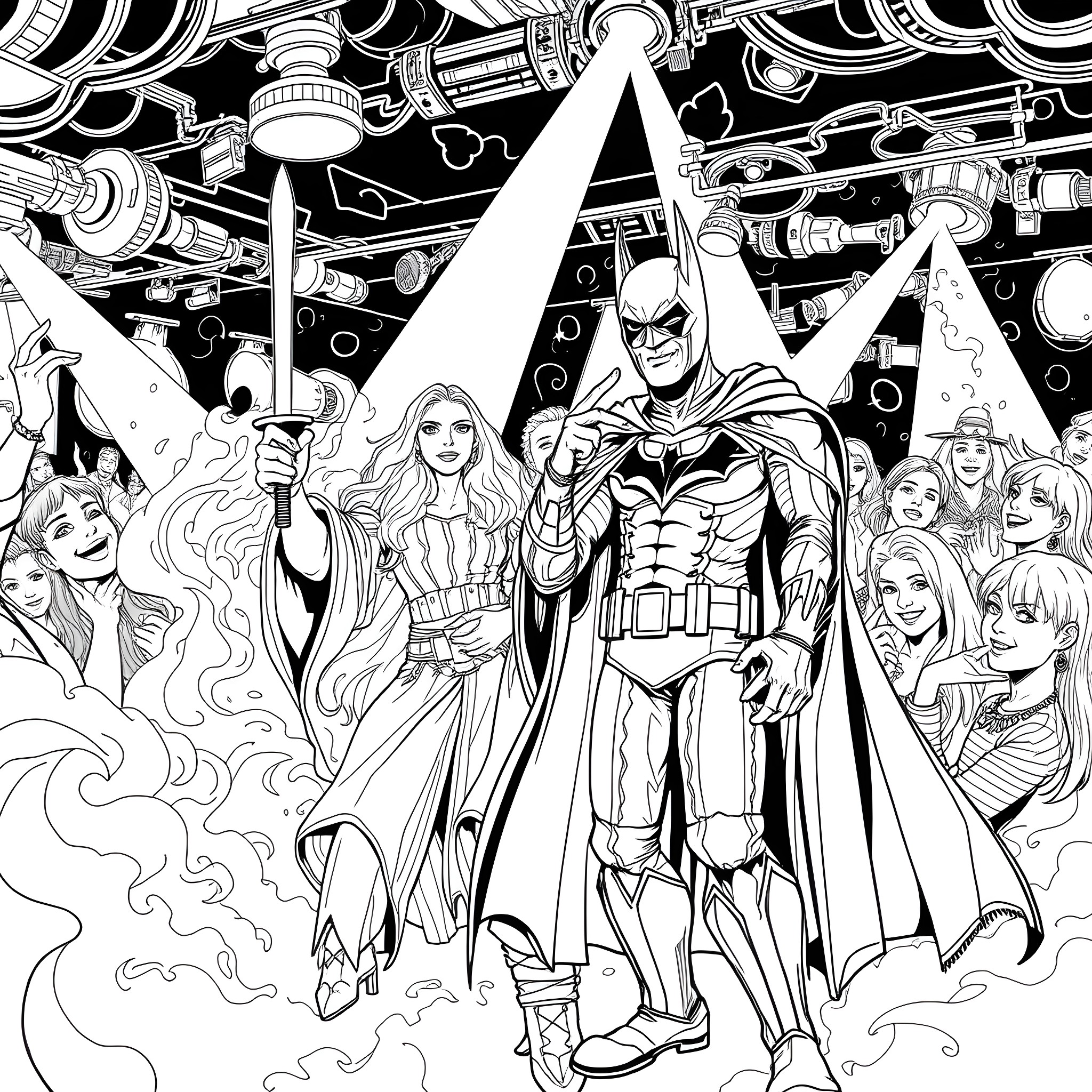 Gandalf and his heroic companions battling evil forces Coloring Page (free black-and-white line drawing printable PDF for all, from beginners to advanced learners, including children, teens, adults, and seniors)