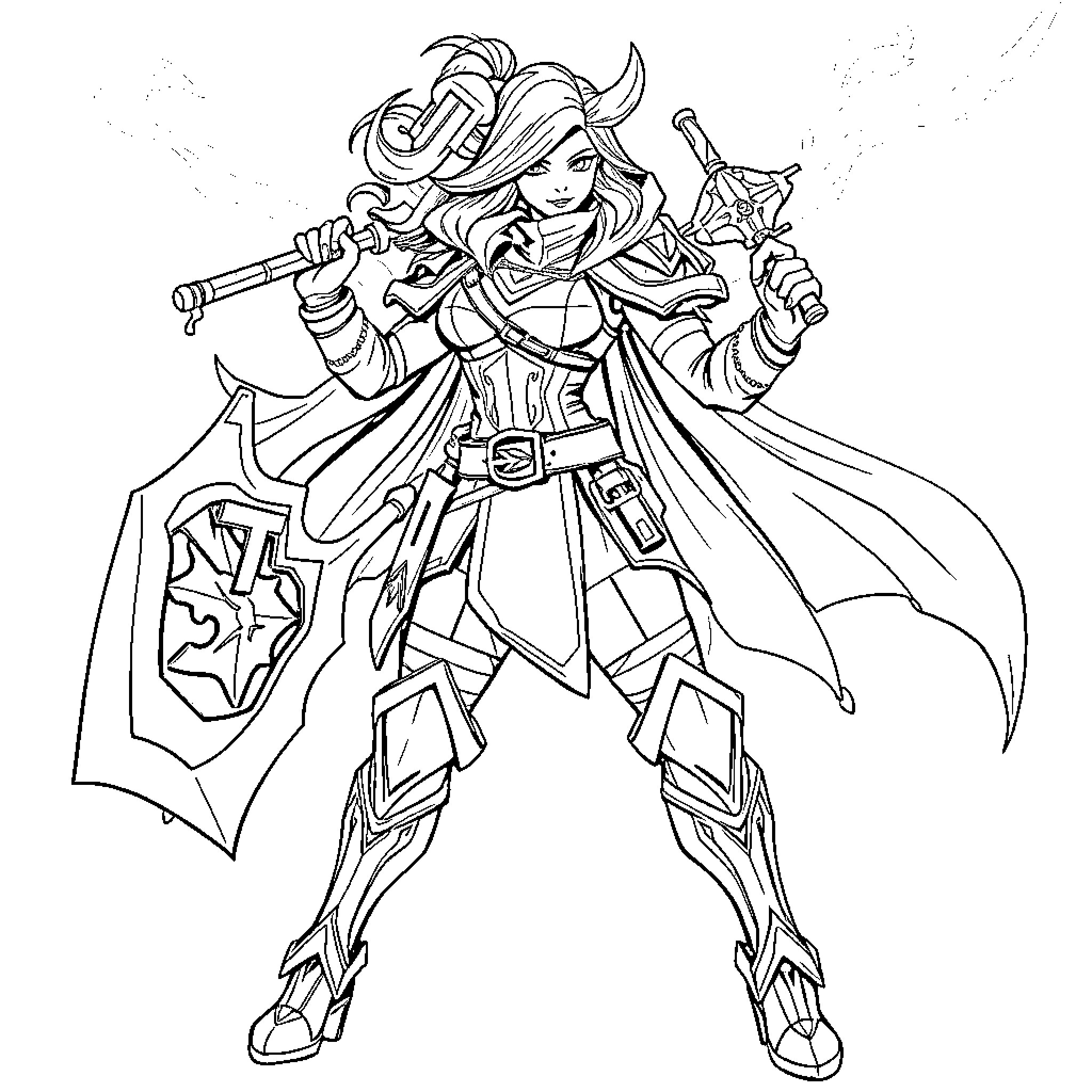 Samira, the Heroic Fantasy Warrior Coloring Page (free black-and-white line drawing printable PDF for all, from beginners to advanced learners, including children, teens, adults, and seniors)