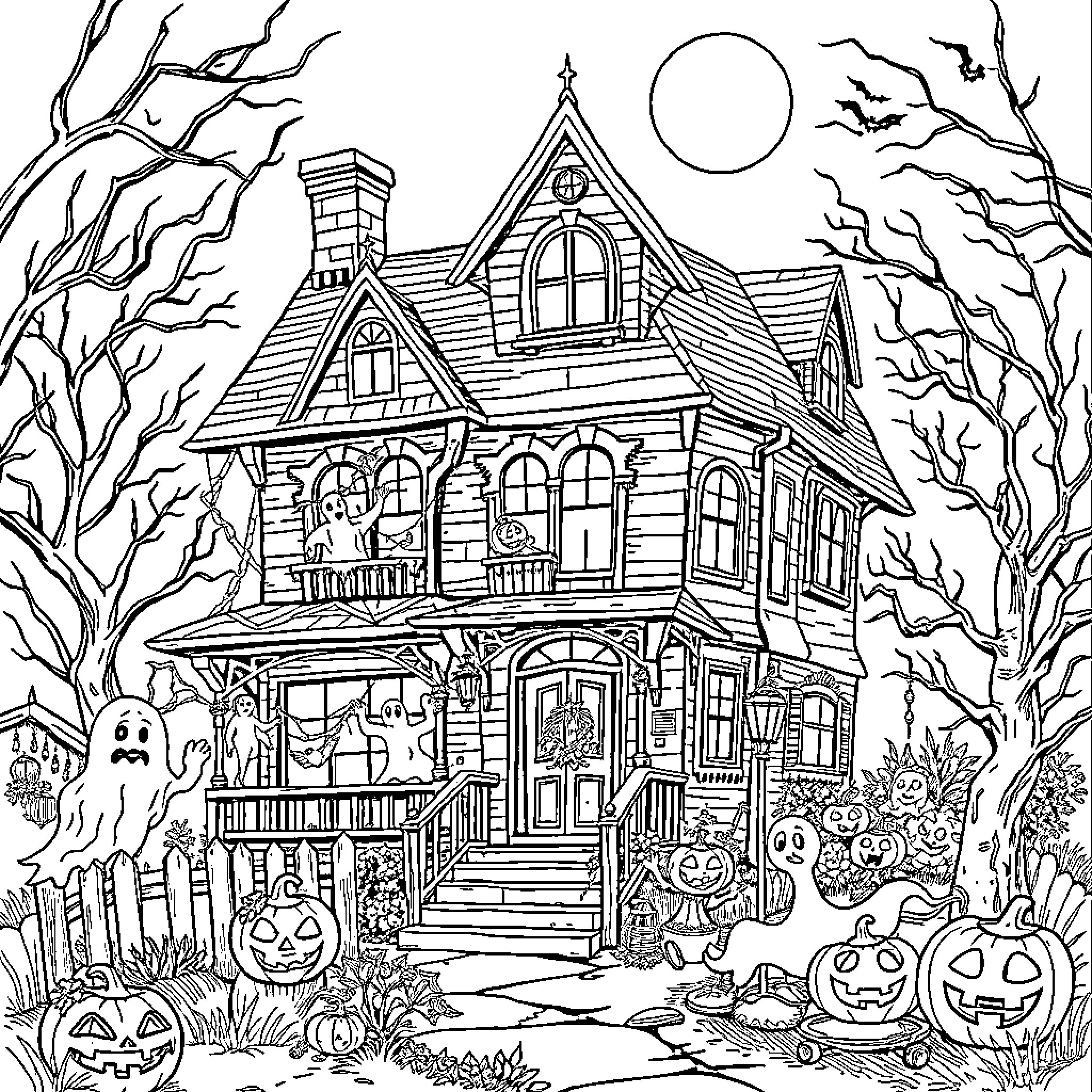 Haunted House with Spooky Decor and Ghostly Figures Coloring Page (free black-and-white line drawing printable PDF for all, from beginners to advanced learners, including children, teens, adults, and seniors)