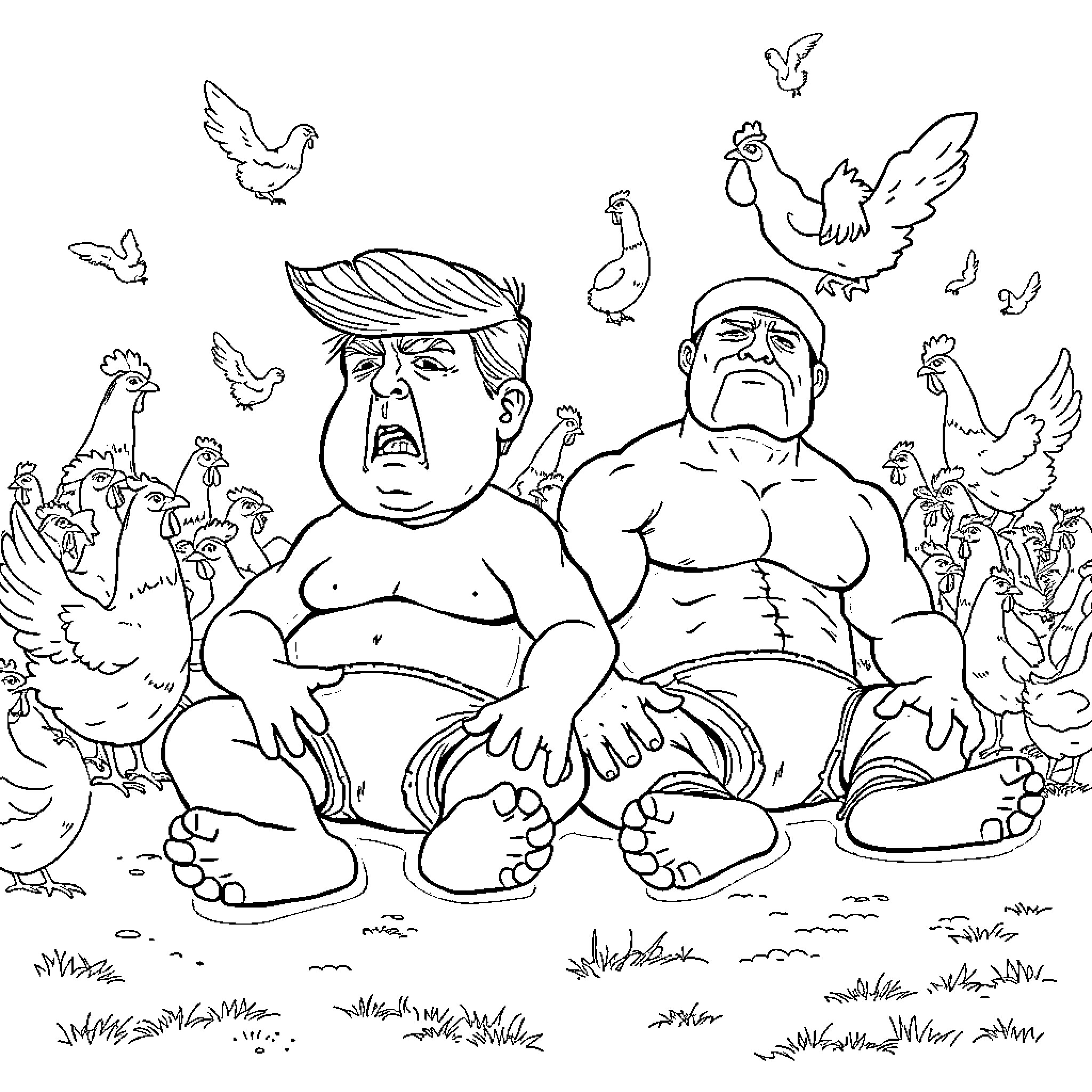 Donald Trump surrounded by comical characters Coloring Page (free black-and-white line drawing printable PDF for all, from beginners to advanced learners, including children, teens, adults, and seniors)