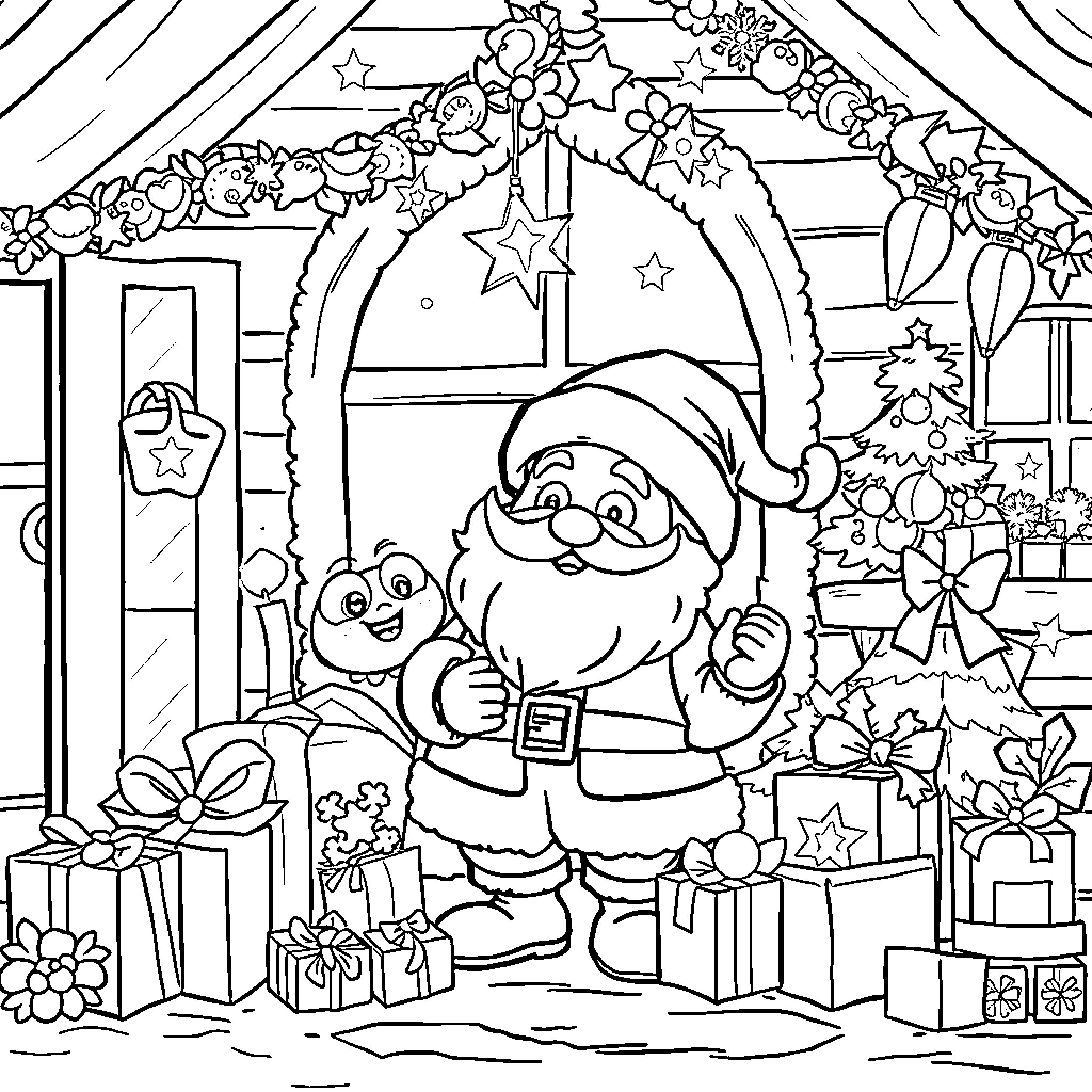 Minion Santa decorating a festive holiday scene Coloring Page (free black-and-white line drawing printable PDF for all, from beginners to advanced learners, including children, teens, adults, and seniors)