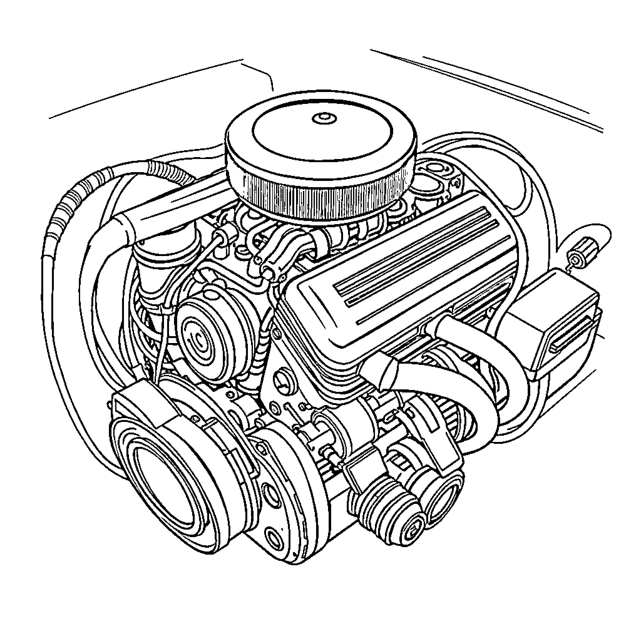 Car Engine Detailed Machinery View Coloring Page (free black-and-white line drawing printable PDF for all, from beginners to advanced learners, including children, teens, adults, and seniors)