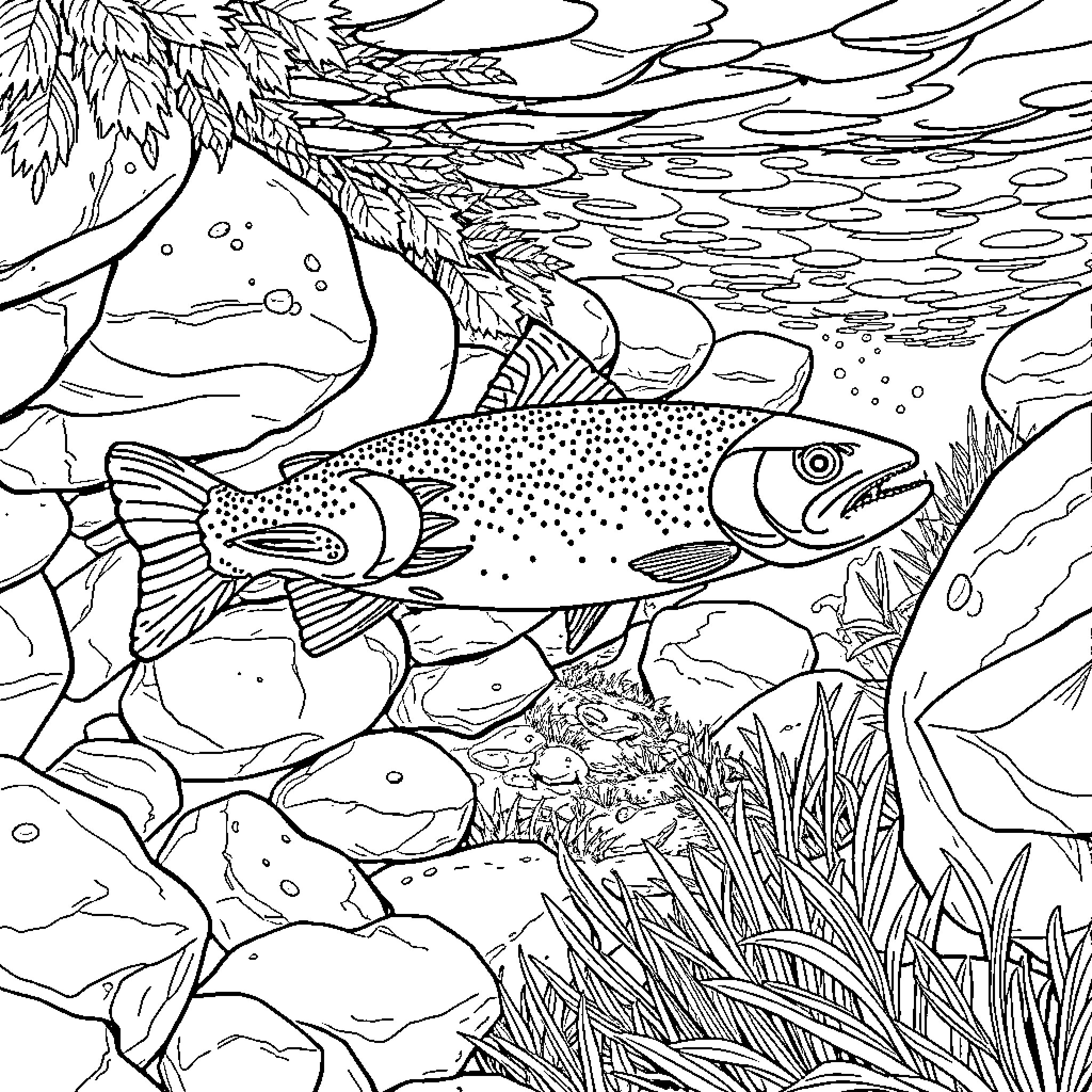 Trout swimming amidst underwater foliage and rocks Coloring Page (free black-and-white line drawing printable PDF for all, from beginners to advanced learners, including children, teens, adults, and seniors)