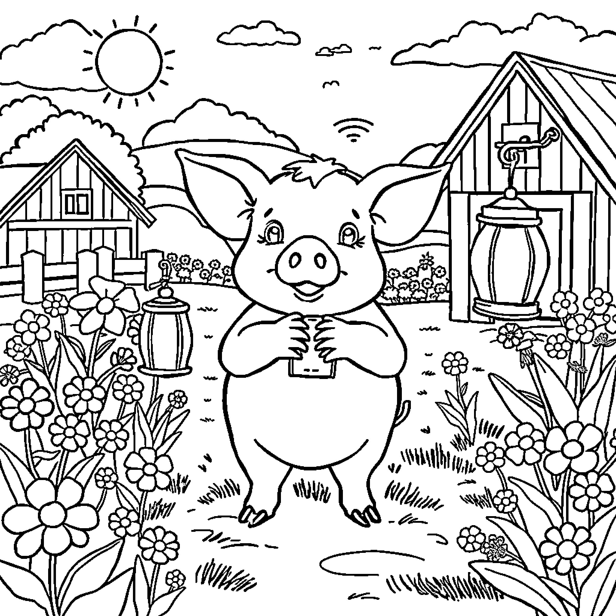 Pig exploring a vibrant farmhouse garden Coloring Page (free black-and-white line drawing printable PDF for all, from beginners to advanced learners, including children, teens, adults, and seniors)