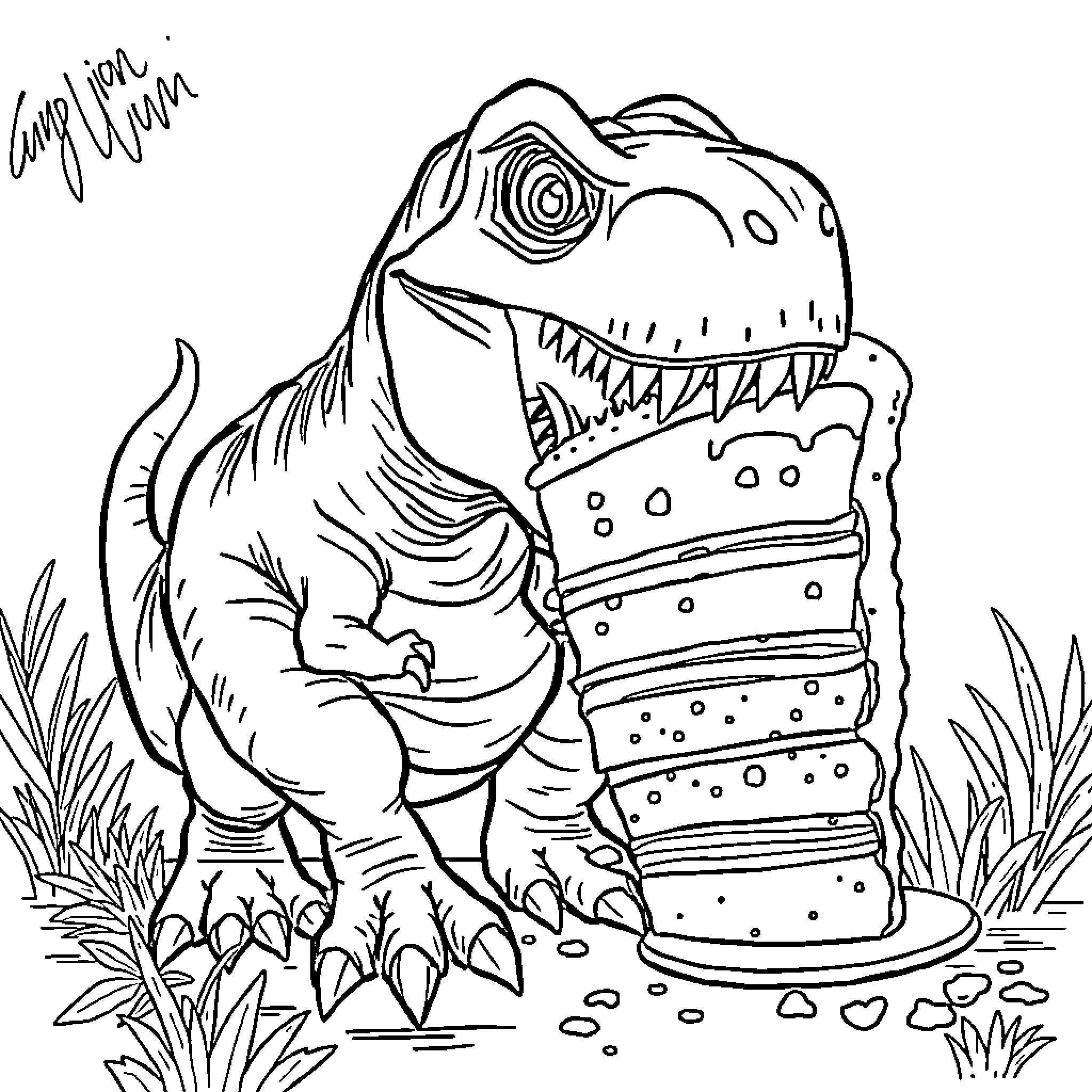 T-Rex Enjoying a Delicious Cake in the Jungle Coloring Page (free black-and-white line drawing printable PDF for all, from beginners to advanced learners, including children, teens, adults, and seniors)
