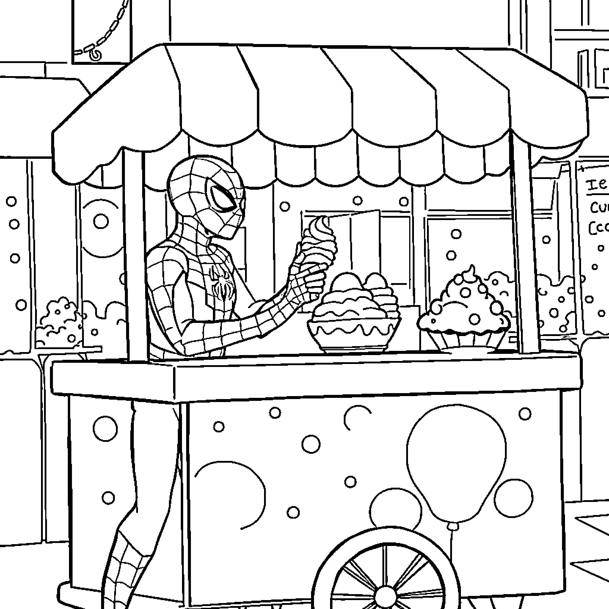 Spider-Man selling ice cream at a street stall Coloring Page (free black-and-white line drawing printable PDF for all, from beginners to advanced learners, including children, teens, adults, and seniors)