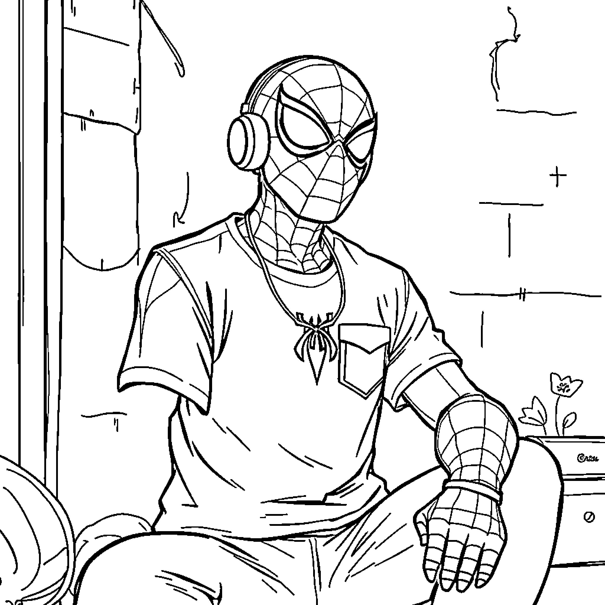 Spiderman in thoughtful pose against urban backdrop Coloring Page (free black-and-white line drawing printable PDF for all, from beginners to advanced learners, including children, teens, adults, and seniors)