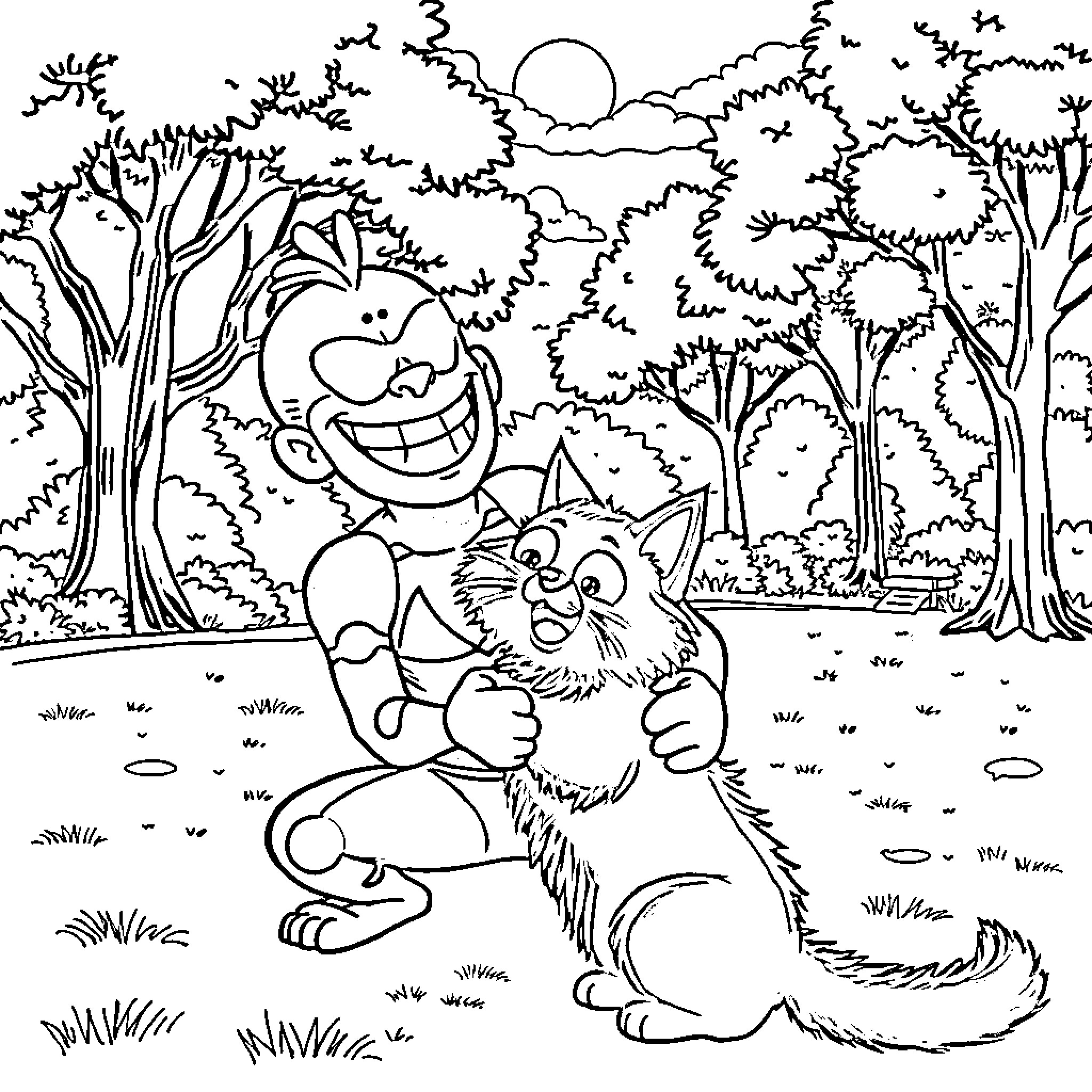 Toxic Avenger Plays with Cartoon Animals in Forest Coloring Page (free black-and-white line drawing printable PDF for all, from beginners to advanced learners, including children, teens, adults, and seniors)