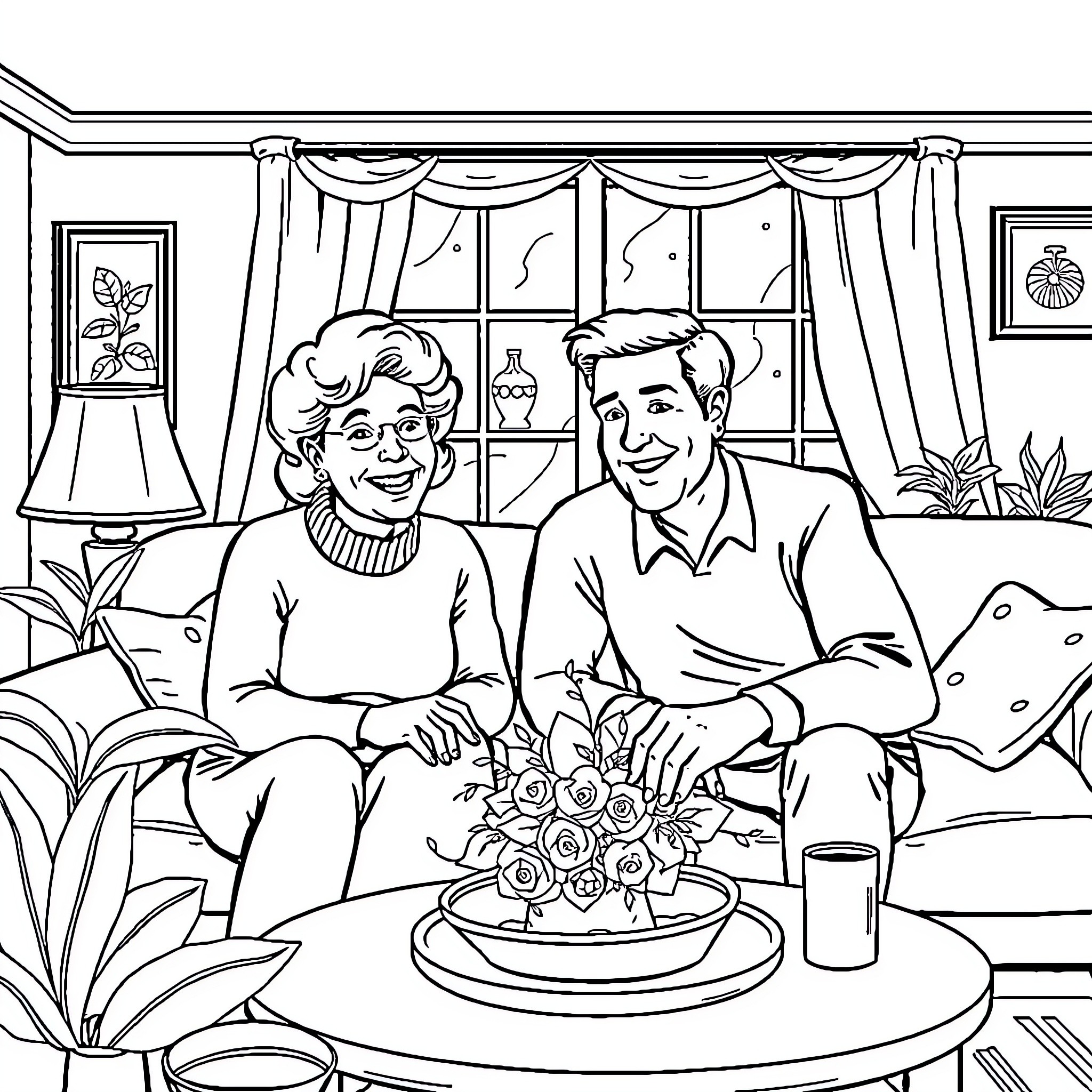 Olive and George enjoy a cozy evening at home Coloring Page (free black-and-white line drawing printable PDF for all, from beginners to advanced learners, including children, teens, adults, and seniors)