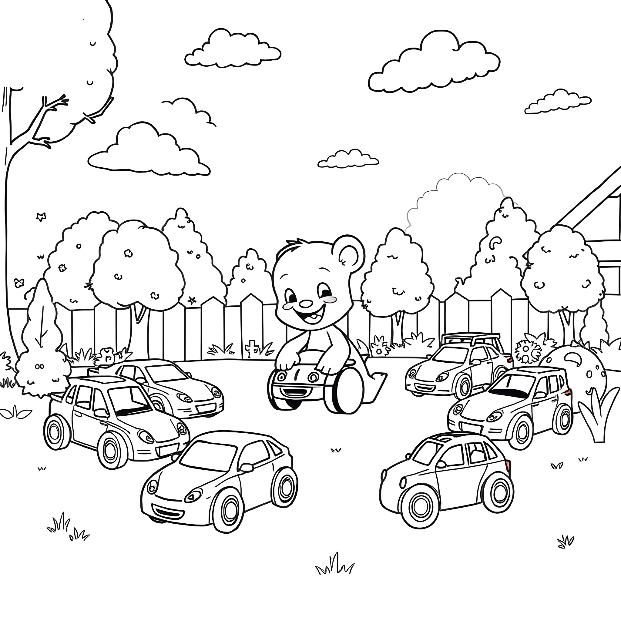 Bluey playing with toy cars in a park Coloring Page (free black-and-white line drawing printable PDF for all, from beginners to advanced learners, including children, teens, adults, and seniors)