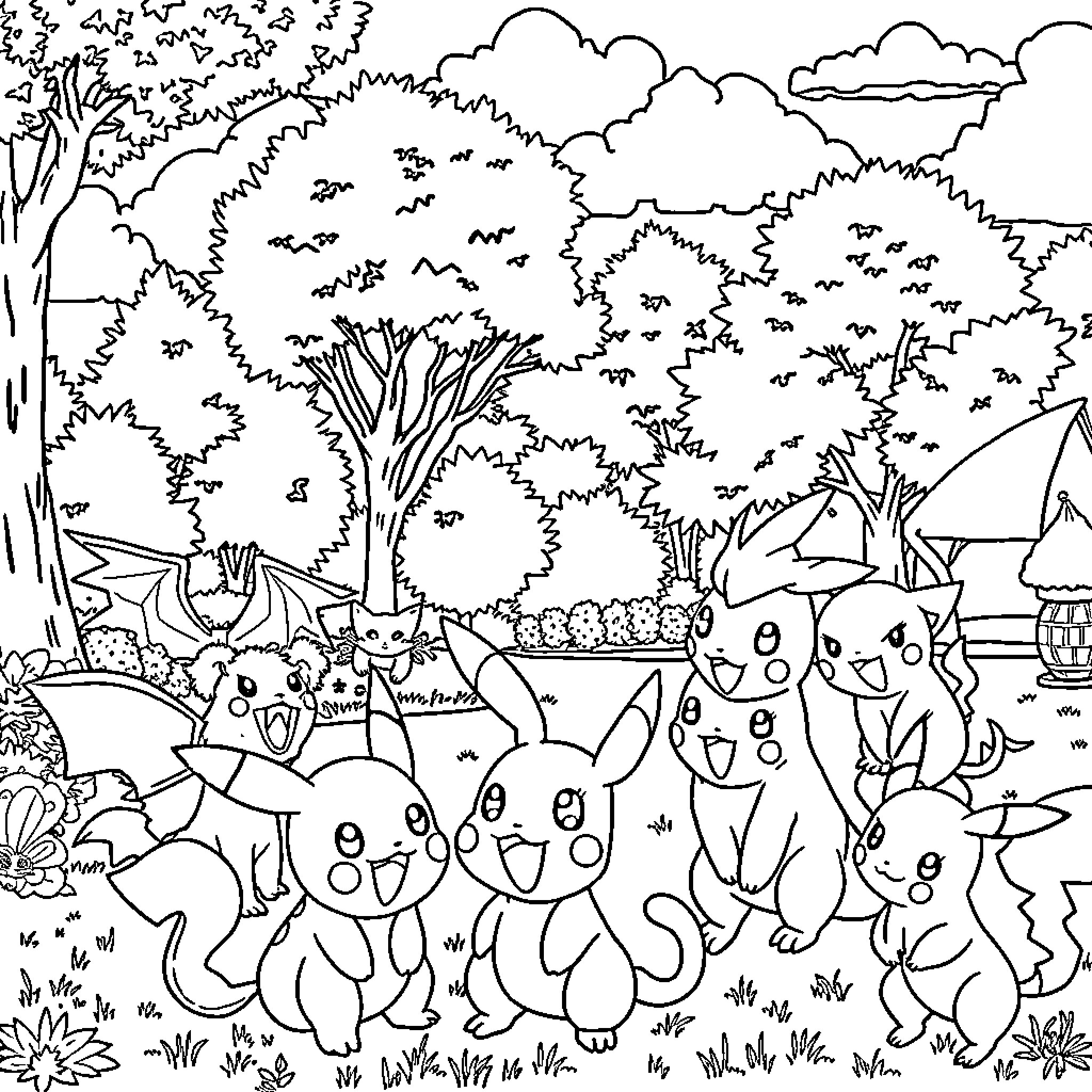 Pokémon gathering joyfully in the forest Coloring Page (free black-and-white line drawing printable PDF for all, from beginners to advanced learners, including children, teens, adults, and seniors)