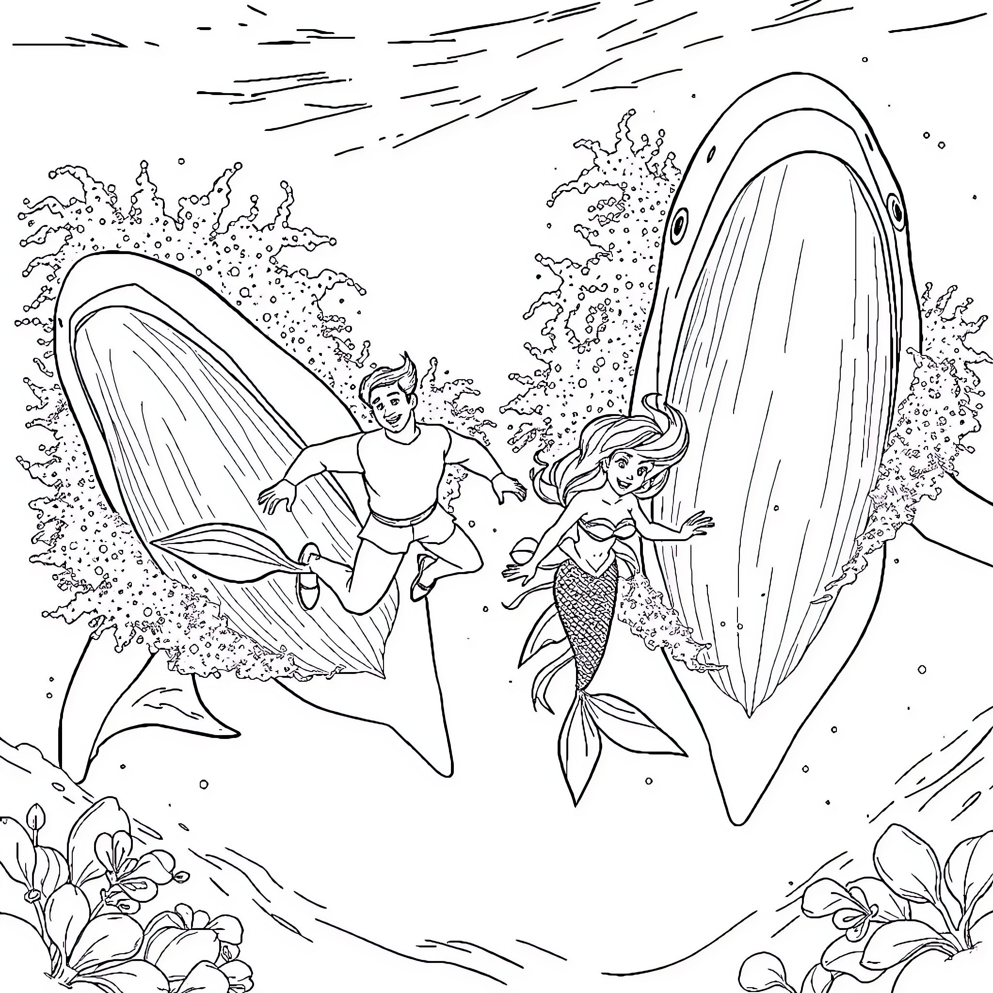 Ariel and Eric exploring the underwater world Coloring Page (free black-and-white line drawing printable PDF for all, from beginners to advanced learners, including children, teens, adults, and seniors)