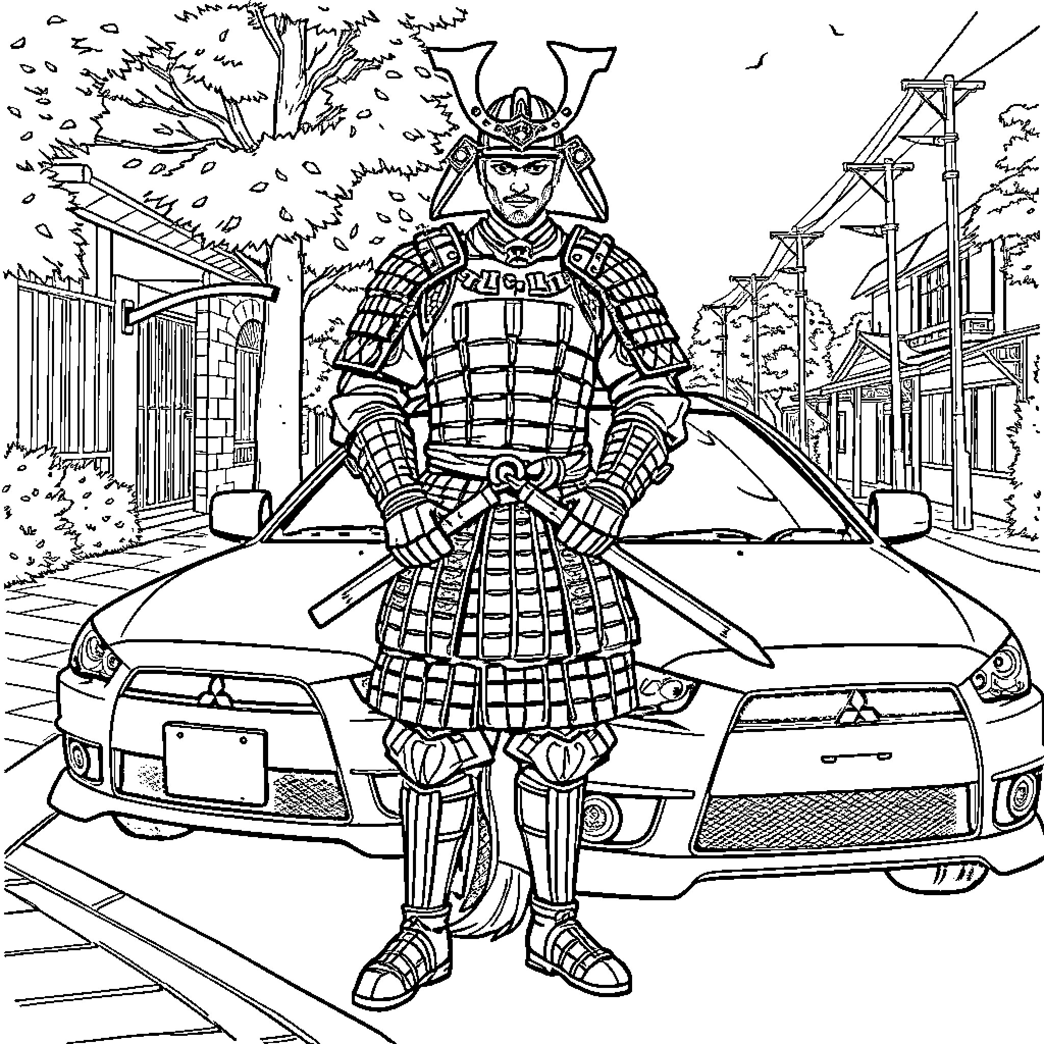 Samurai warrior stands resolute in a modern urban setting Coloring Page (free black-and-white line drawing printable PDF for all, from beginners to advanced learners, including children, teens, adults, and seniors)