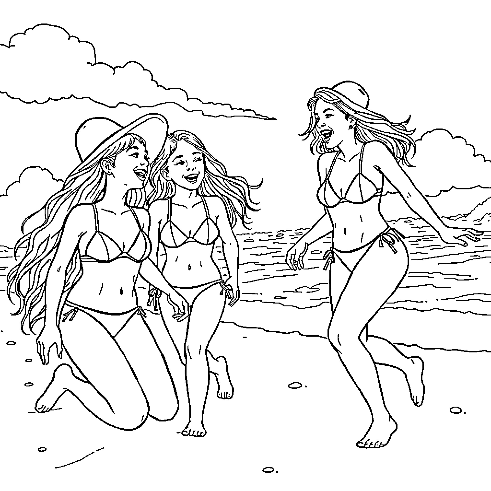 Girls enjoying a sunny day at the beach Coloring Page (free black-and-white line drawing printable PDF for all, from beginners to advanced learners, including children, teens, adults, and seniors)