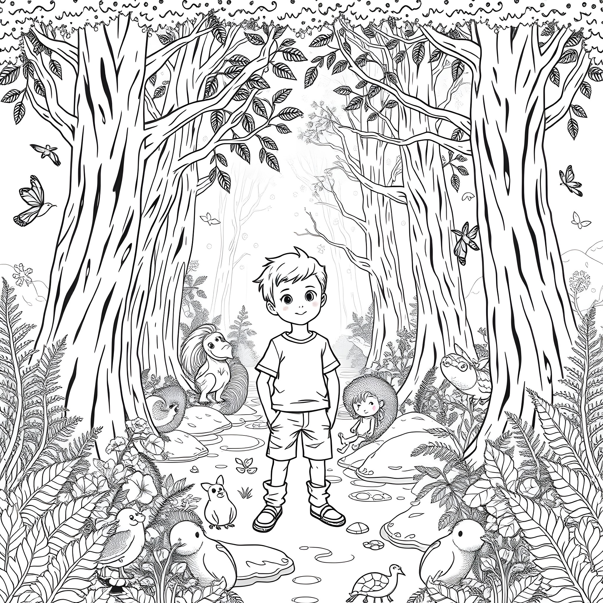 Boy Exploring the Enchanted Forest Coloring Page (free black-and-white line drawing printable PDF for all, from beginners to advanced learners, including children, teens, adults, and seniors)